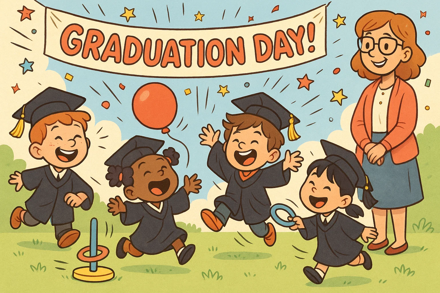 Playful cartoon of kindergarten graduation games activities with kids celebrating together.
