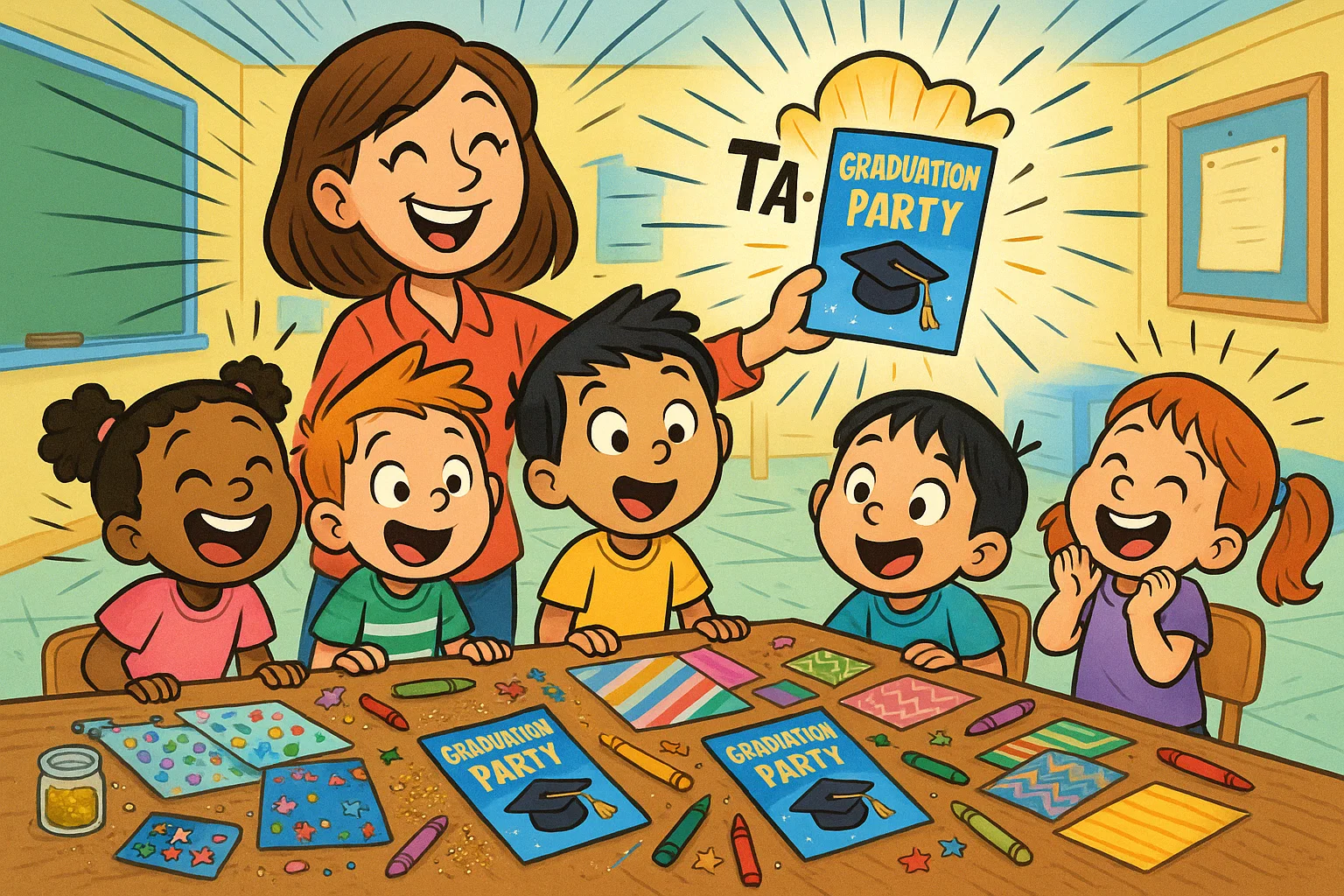 Playful kids crafting kindergarten graduation invitation ideas with bright creative details.