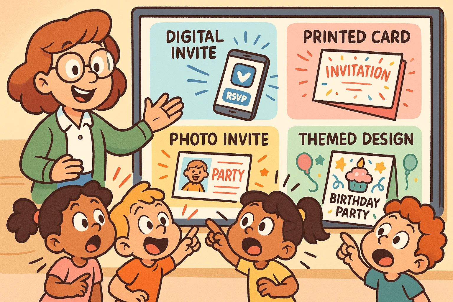 Teacher presenting kindergarten graduation invitations overview to happy students.