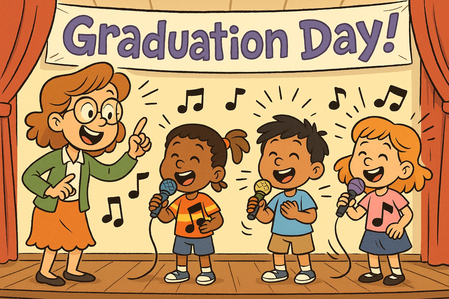 Playful kindergarten graduation musical selections cartoon with kids singing on stage.