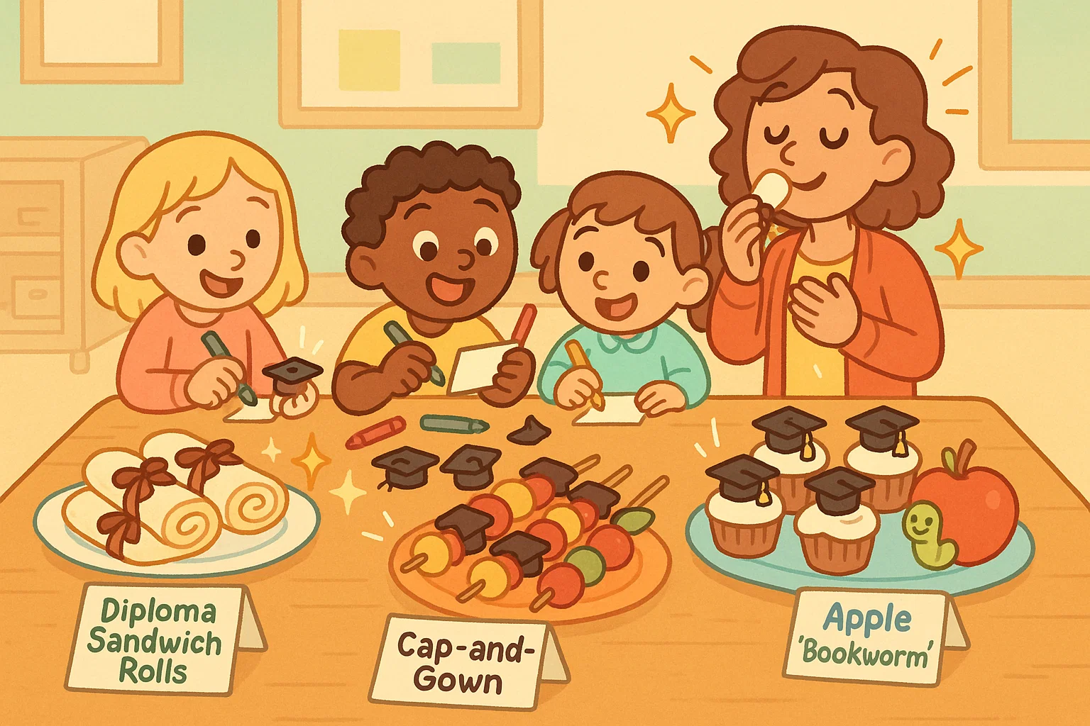 Kindergarten graduation snacks with craft elements and playful edible decorations.