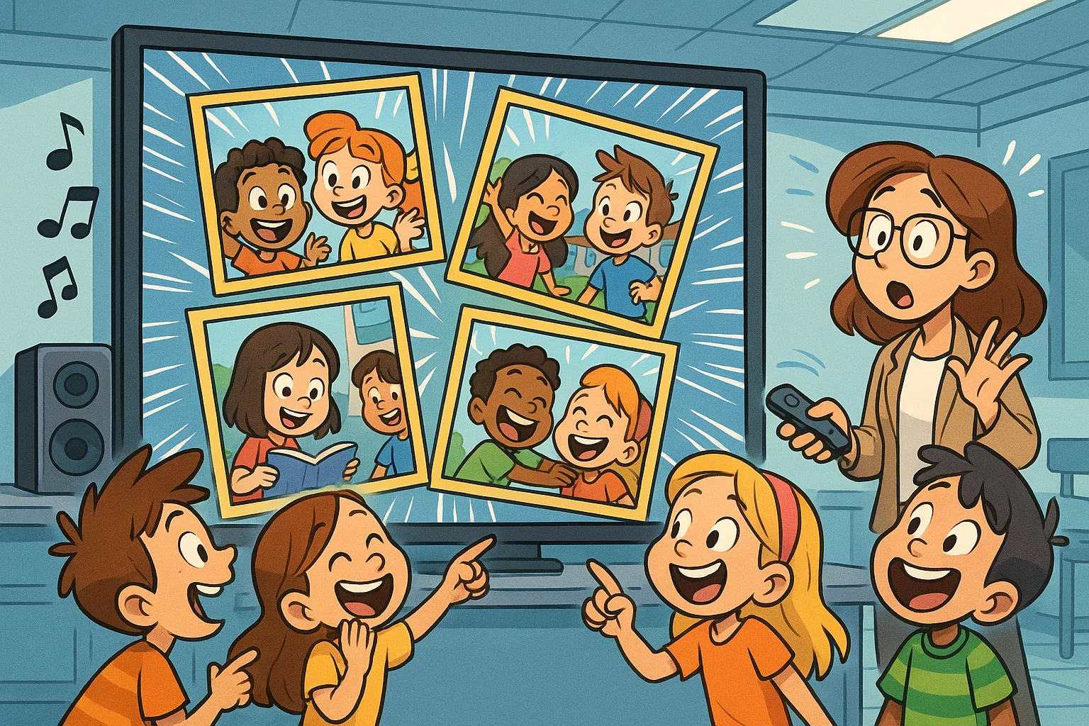 Kindergarten graduation songs video slideshow cartoon with kids reacting to photos.