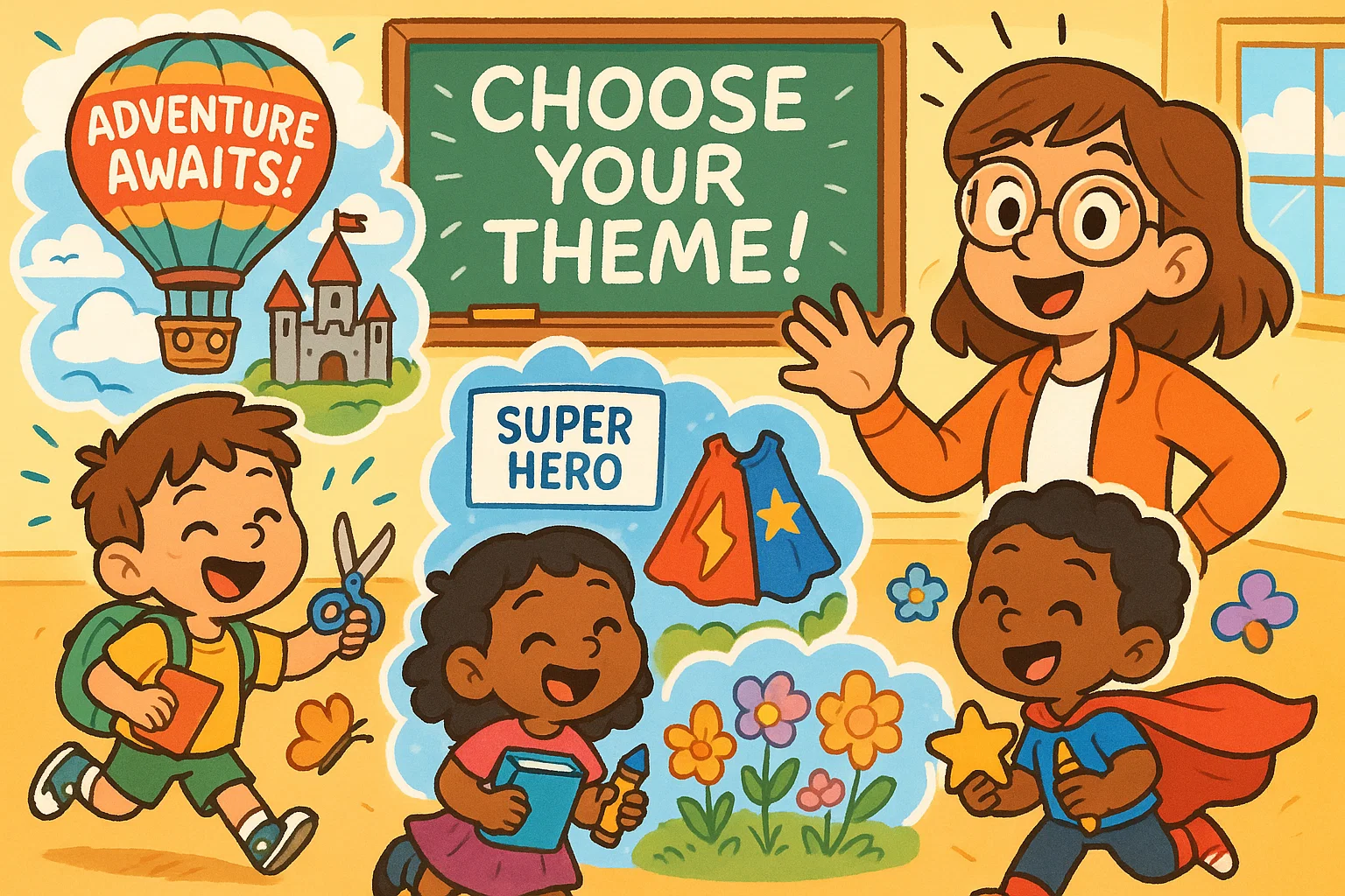 Kindergarten graduation themes for crafts illustrated with colorful themed activities.