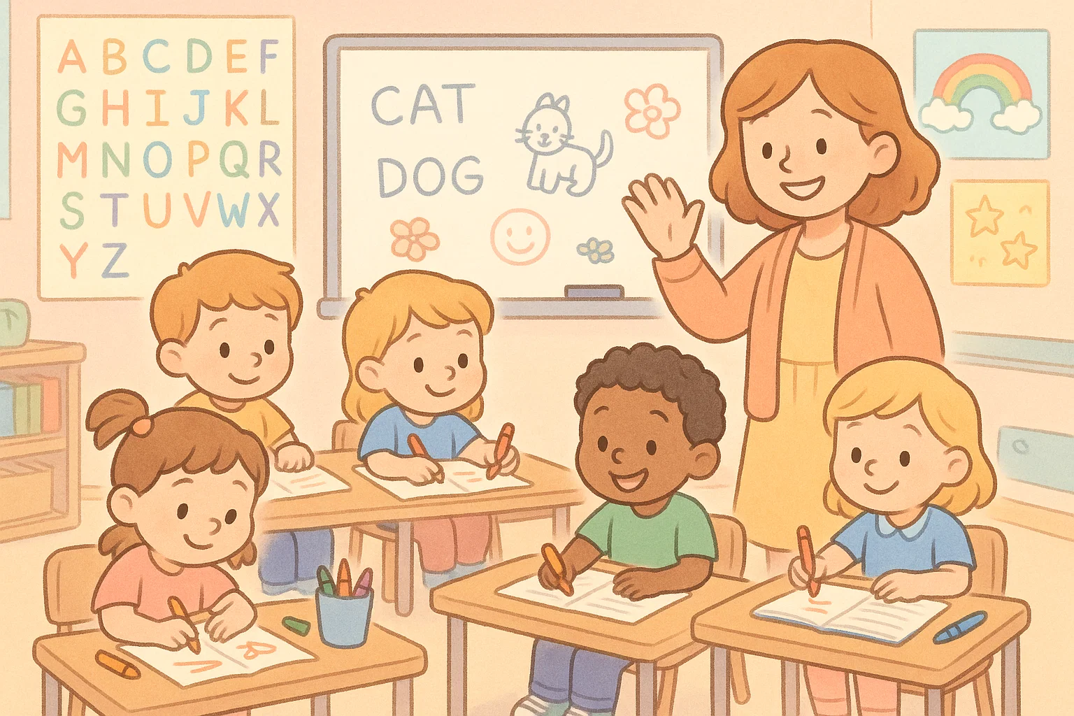 Kindergarten students writing and drawing with teacher encouraging creativity in class.