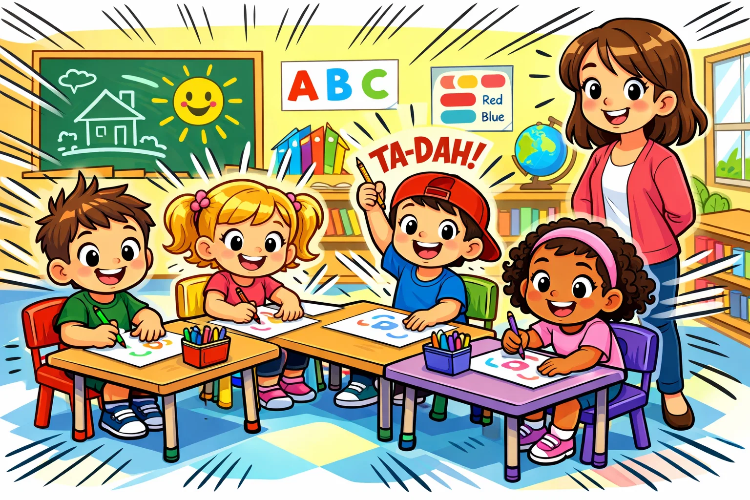 Kindergarten students working on writing prompts, drawing and writing with enthusiasm.