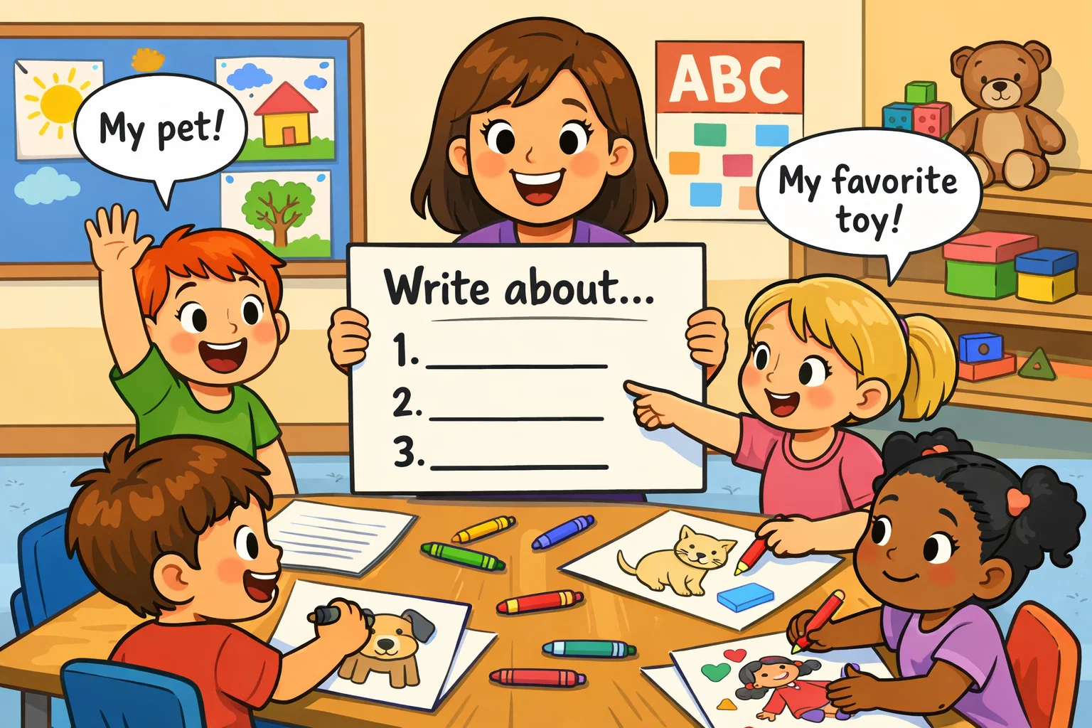 Teacher assisting kindergarten students with drawing and writing prompts in class.
