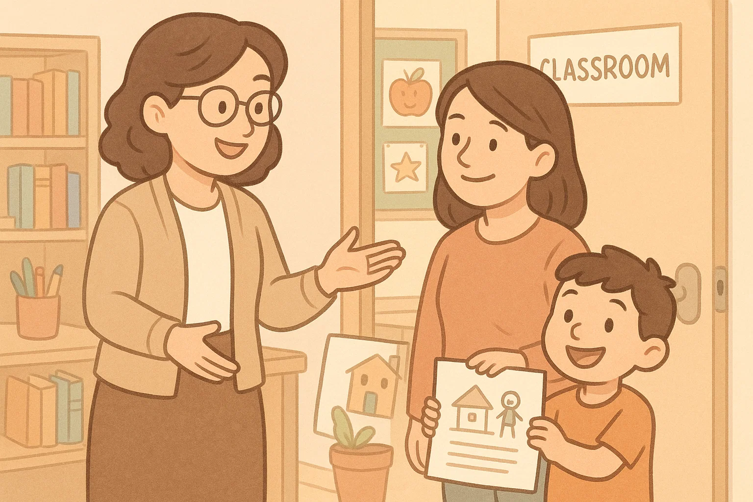 Teacher and parent discussing kindergarten writing tips and student progress.