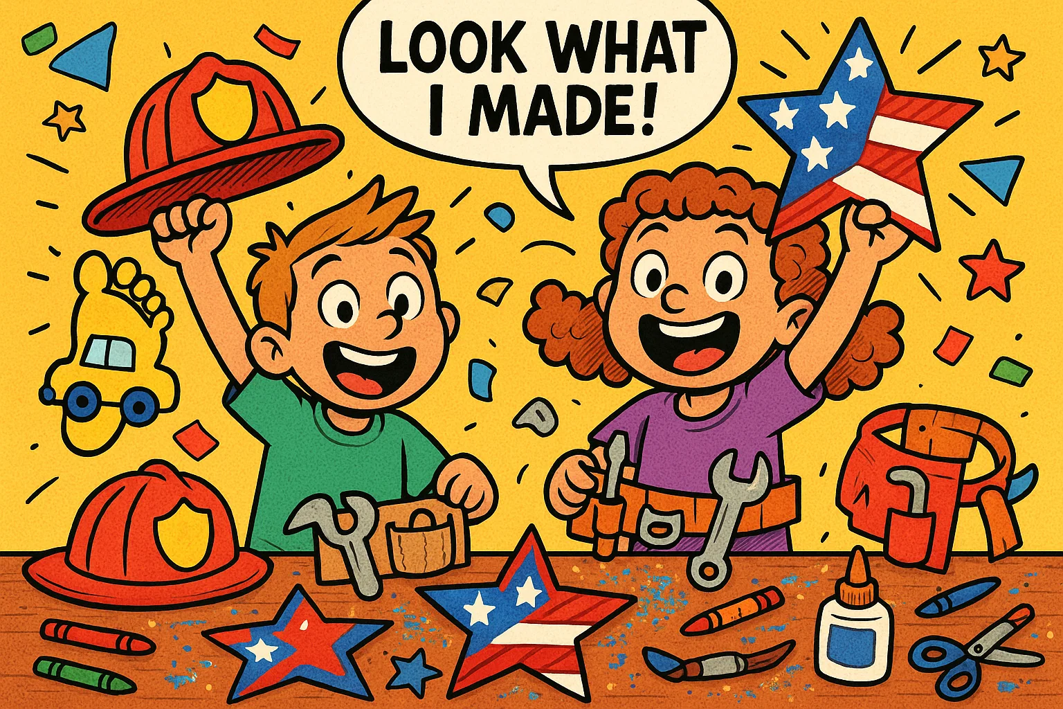 Labour day crafts diy projects for kids shown on a fun cartoon craft table.