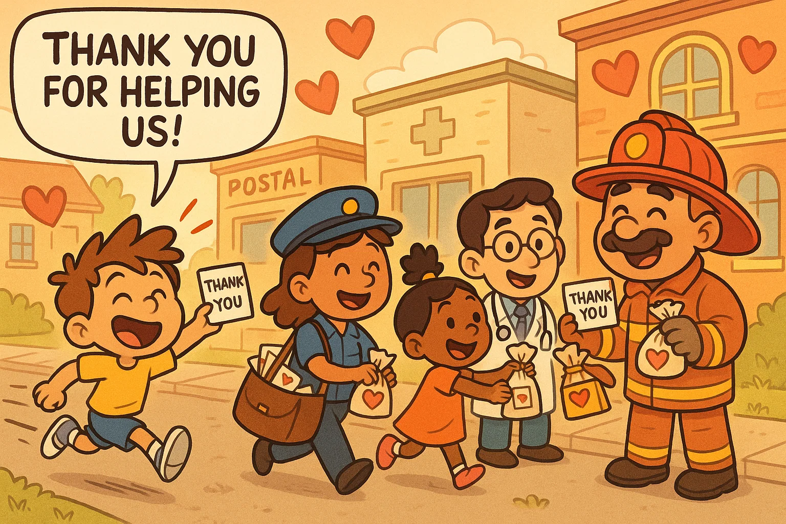  Labour day gratitude community activities kids delivering thanks in cartoon style.
