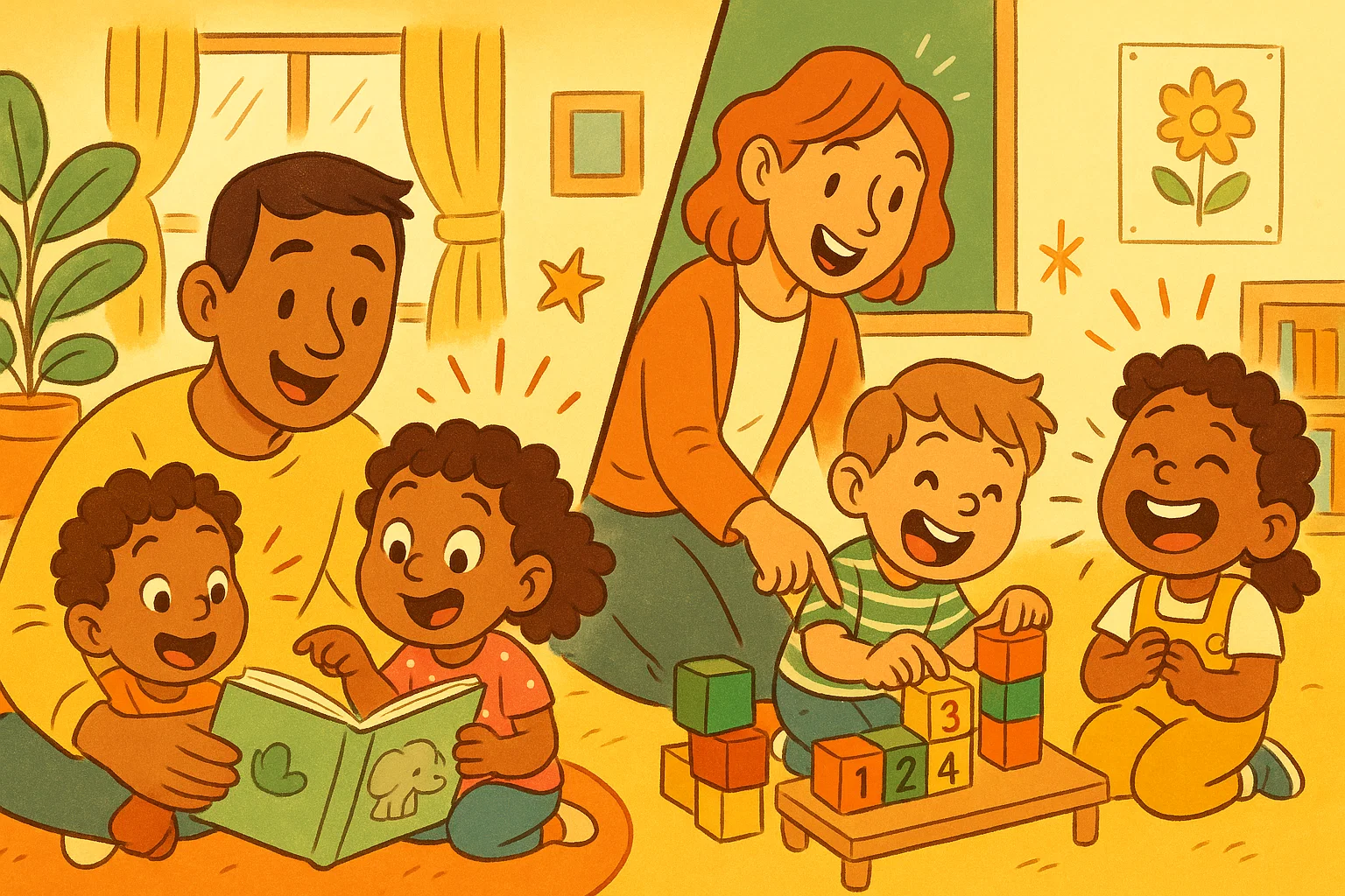 Preschoolers having fun learning at home and preschool in bright cartoon style.