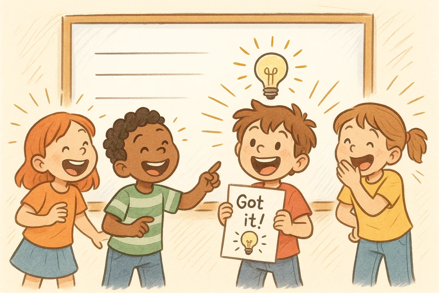 Children solving riddles together in classroom for learning and fun.