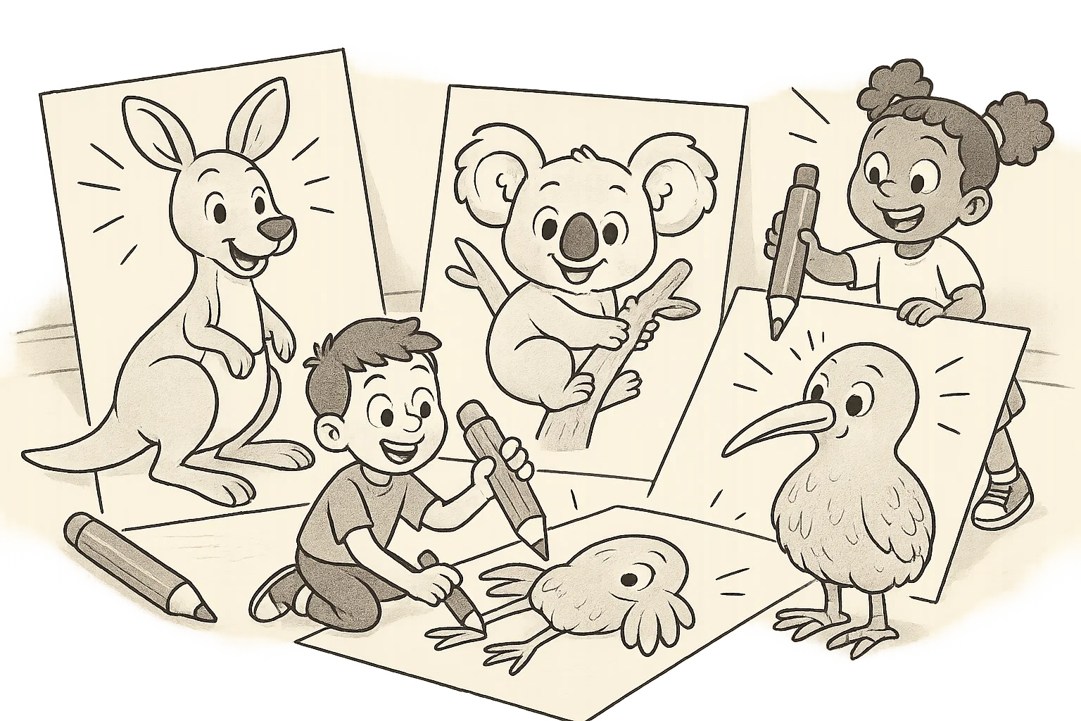 Children coloring animals that start with k on fun cartoon pages.