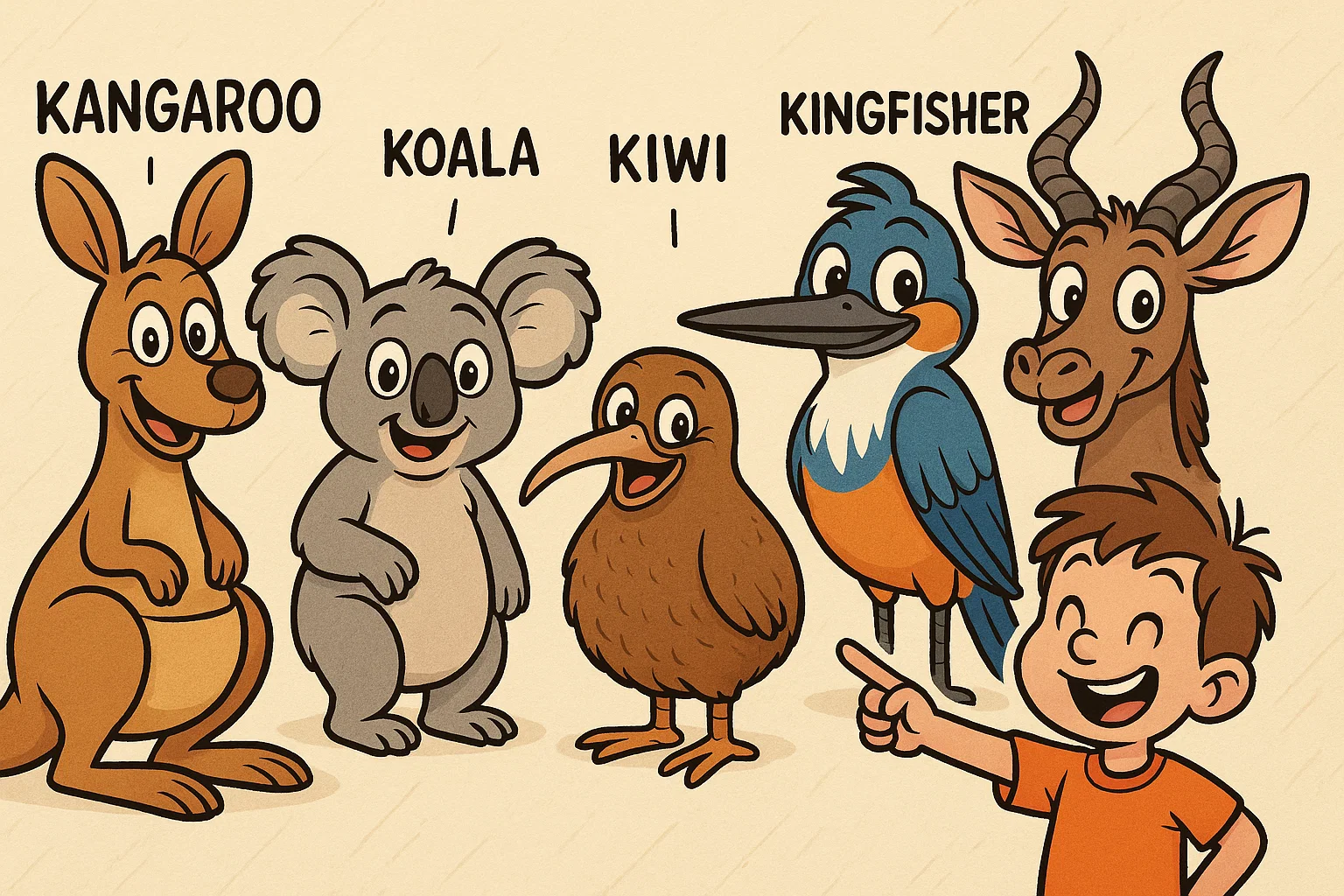 Playful cartoon lineup showing animals that start with k for children.