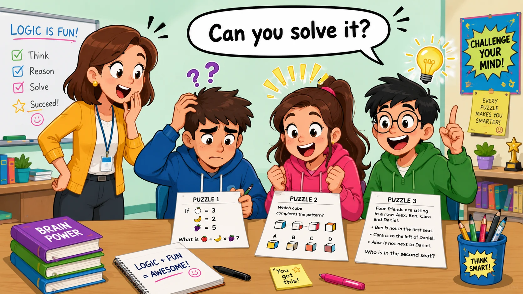 Teenagers solving logic brain teasers for 13-year-olds in classroom. 
