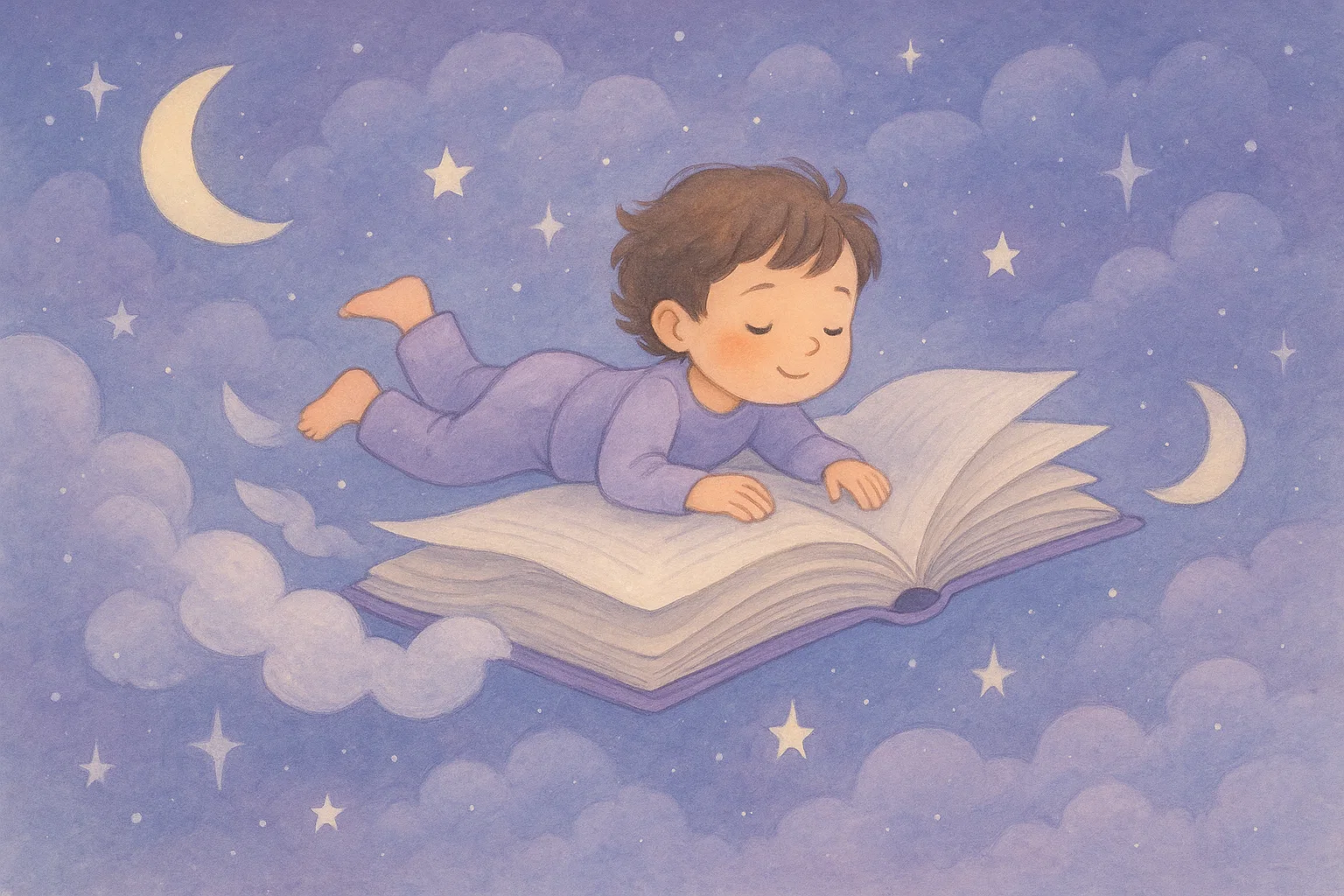 Child dreaming while floating with book among stars in magical bedtime tale.