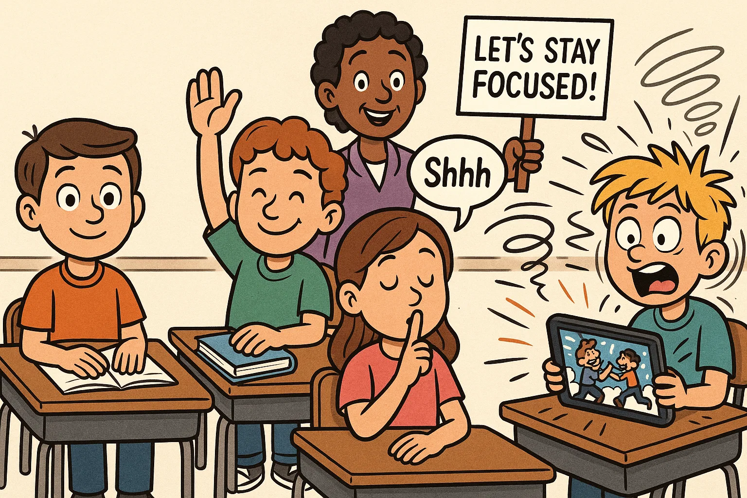 Cartoon showing main classroom behavior standards with students following rules.