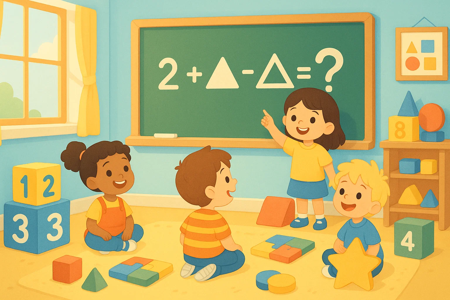 Children solving simple math and logic riddles in a kindergarten classroom.
