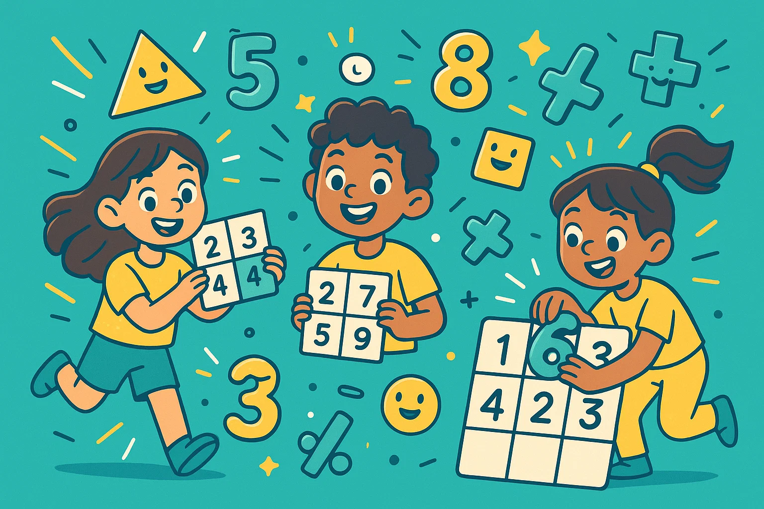 Children solving colorful math riddles for 6 year olds with numbers and shapes.