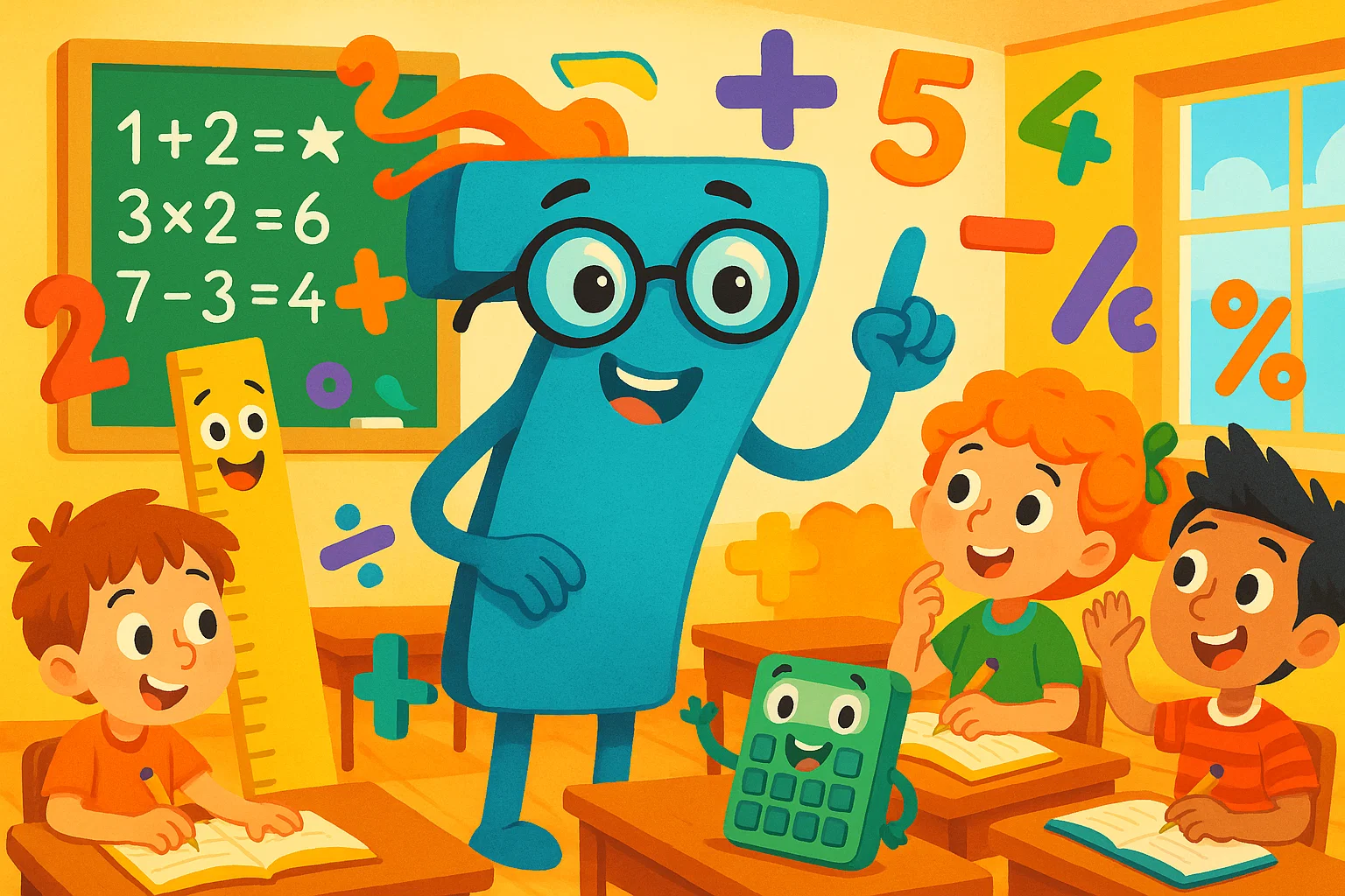 Kids solving playful math riddles with numbers in a fun school scene.