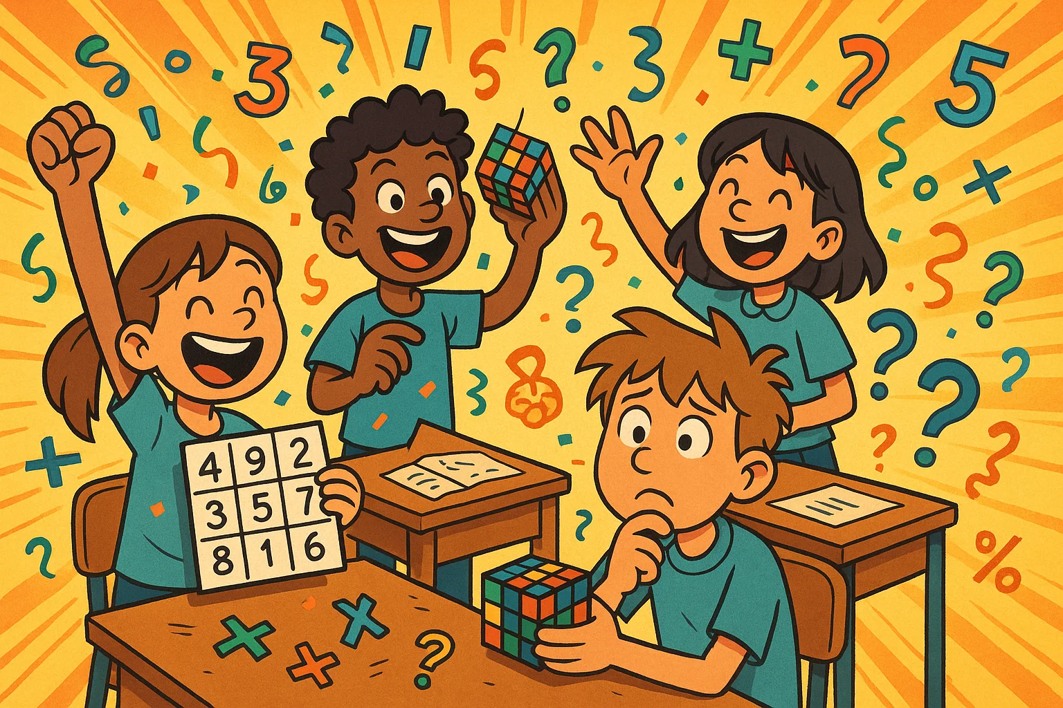 Cartoon of students solving fun mathematical puzzles and magic squares in class.