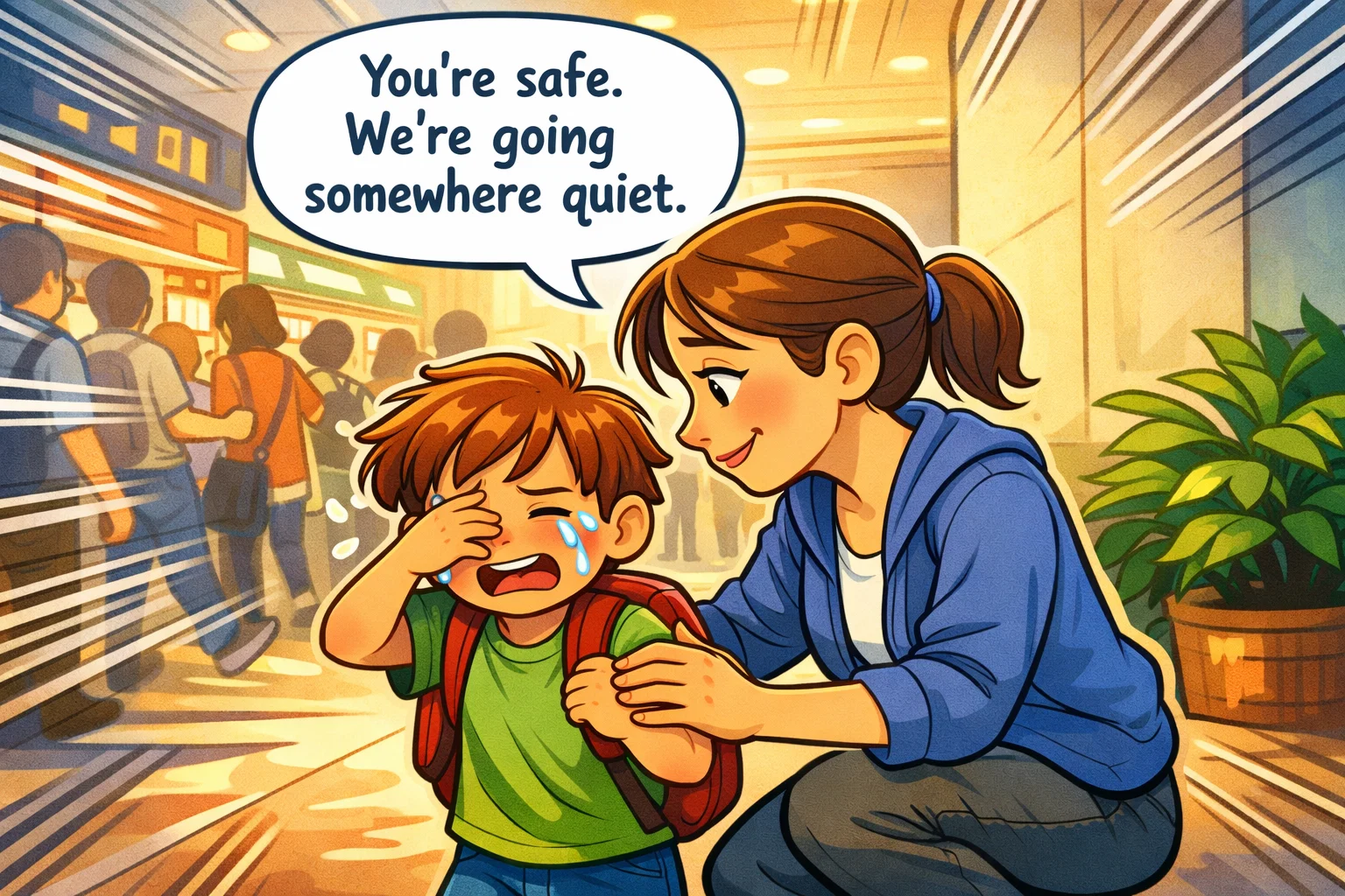 Parent helping child during a meltdown in public, guiding to a quieter area for calm.
