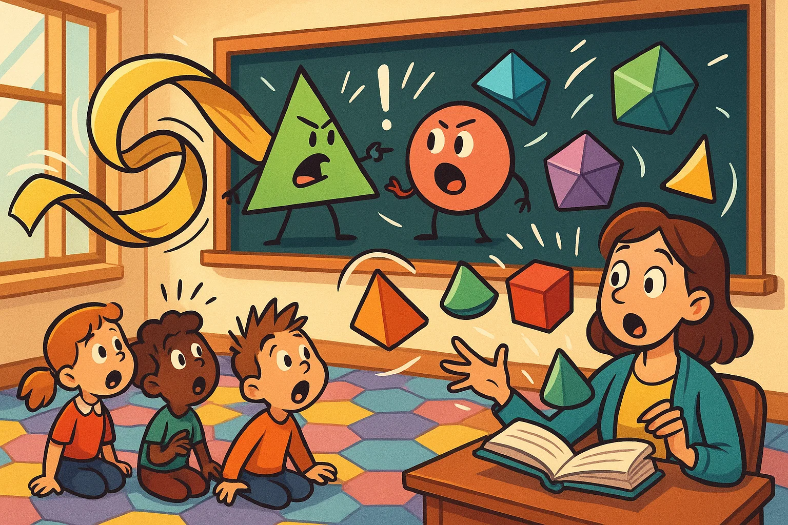 Cartoon of geometry shapes like triangle circle and Möbius strip in playful classroom.