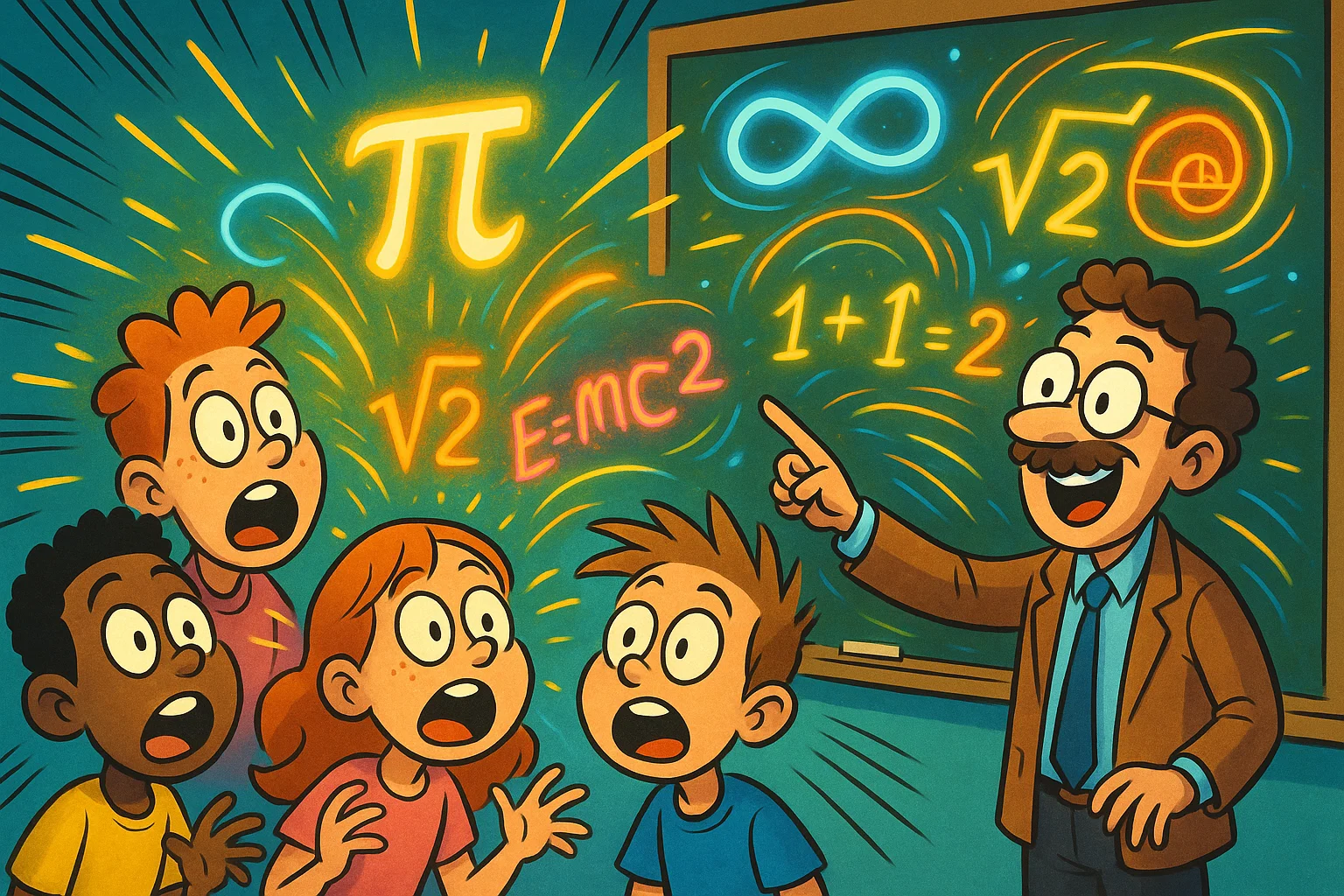 Cartoon of students amazed by mind blowing math facts with colorful numbers and symbols.