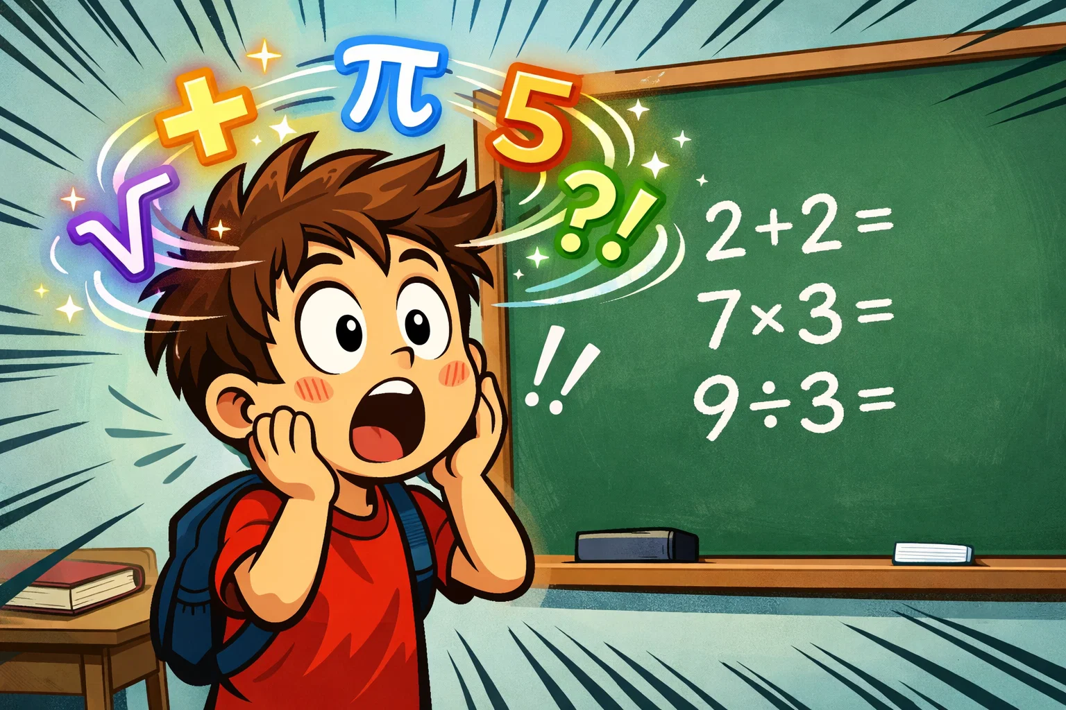 Mind blowing math facts cartoon student looking shocked at impossible numbers.