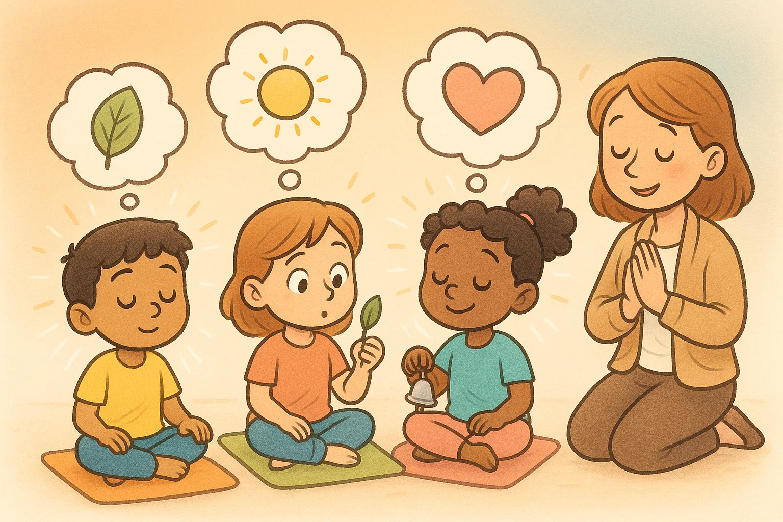 Cartoon of kids practicing mindfulness and breathing exercises with calm focused expressions.
