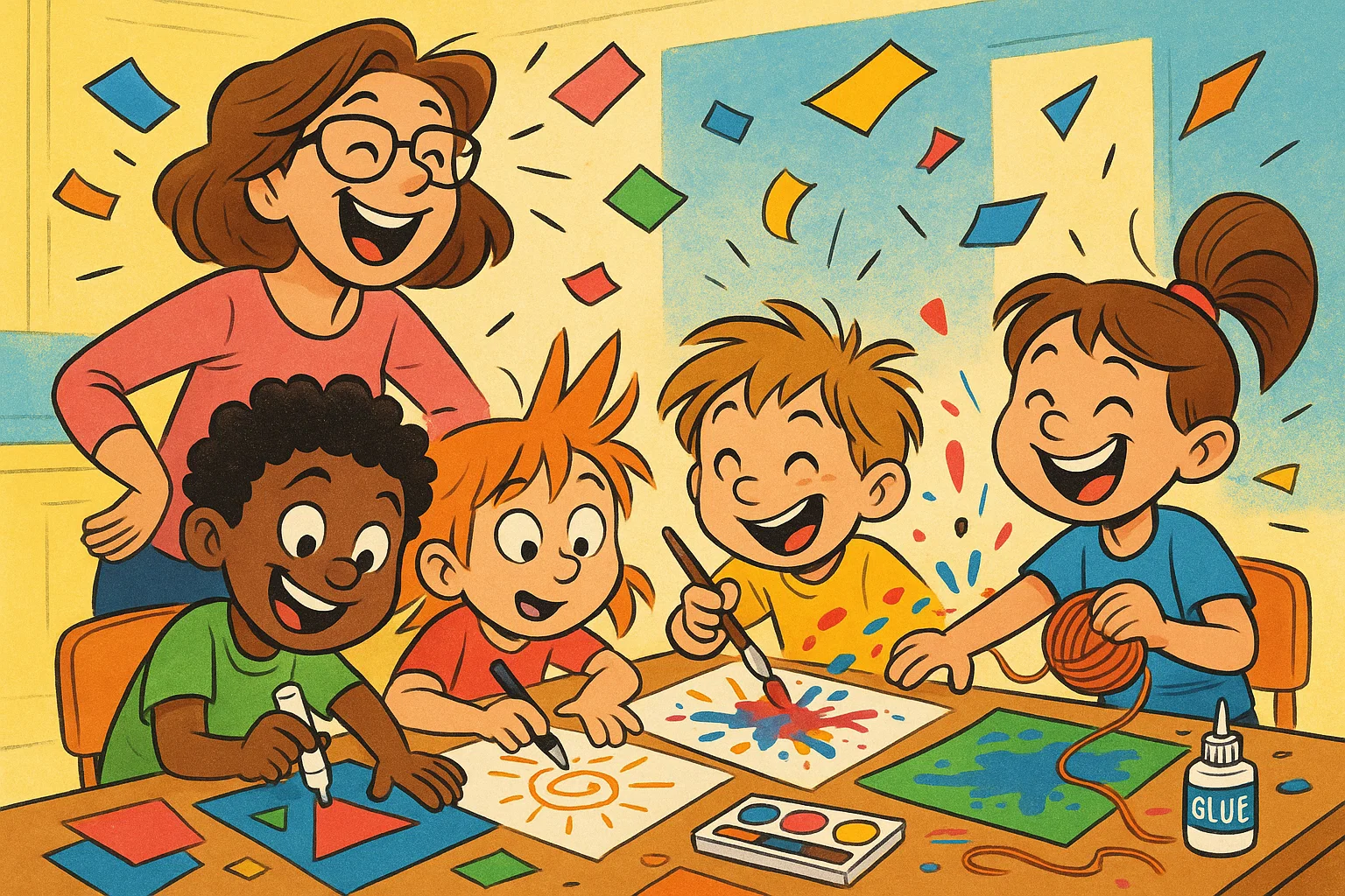 Creative mixed-media and collage drawings by first graders during fun art lesson.