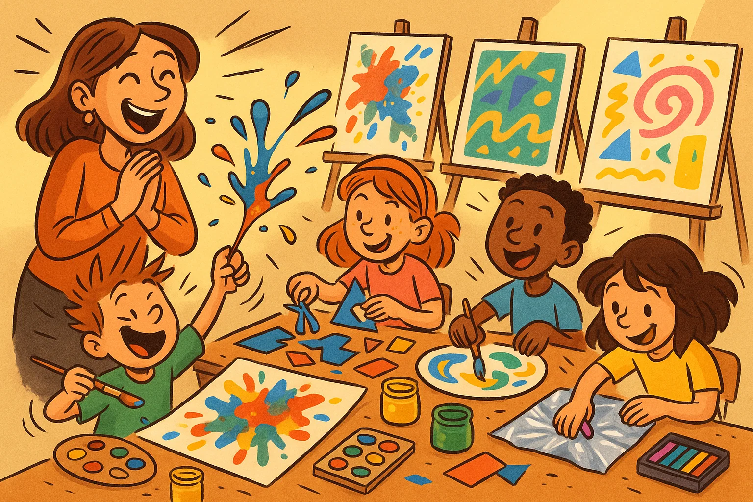 Grade 5 students exploring mixed-media techniques with paint and collage.