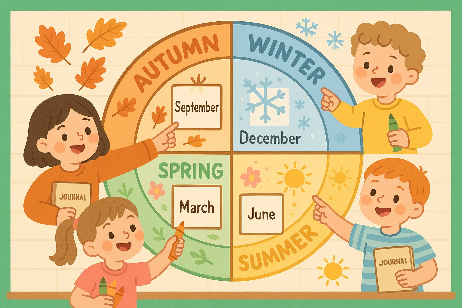 Classroom chart with seasonal images showing monthly kindergarten writing prompts.