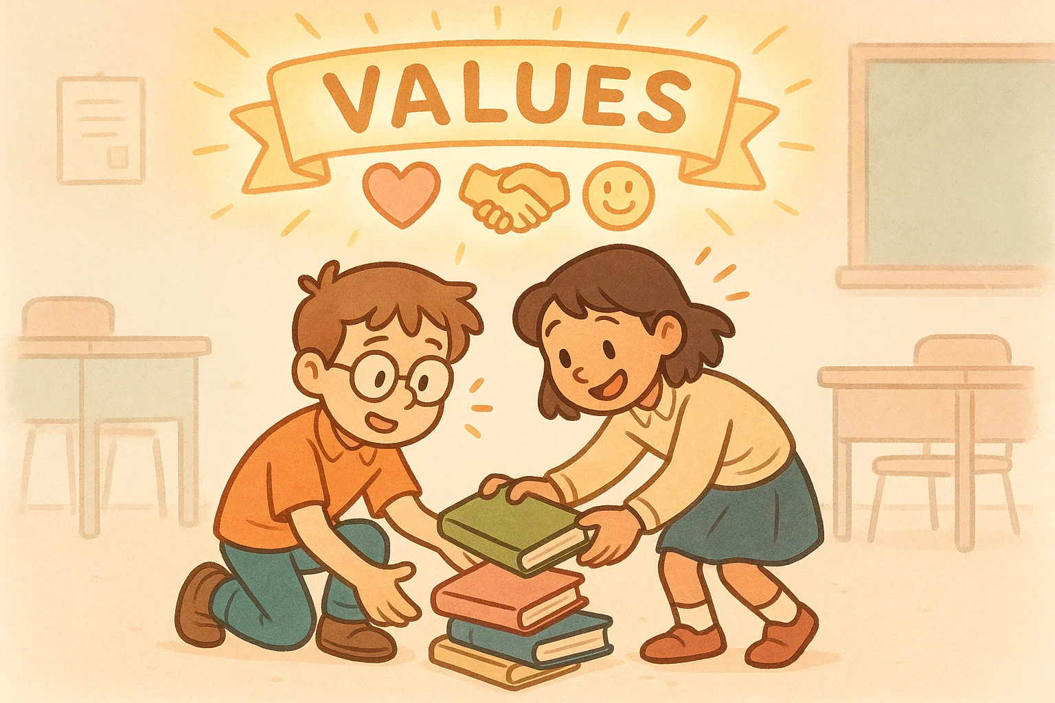 Morals values writing prompts cartoon showing students helping each other in class.