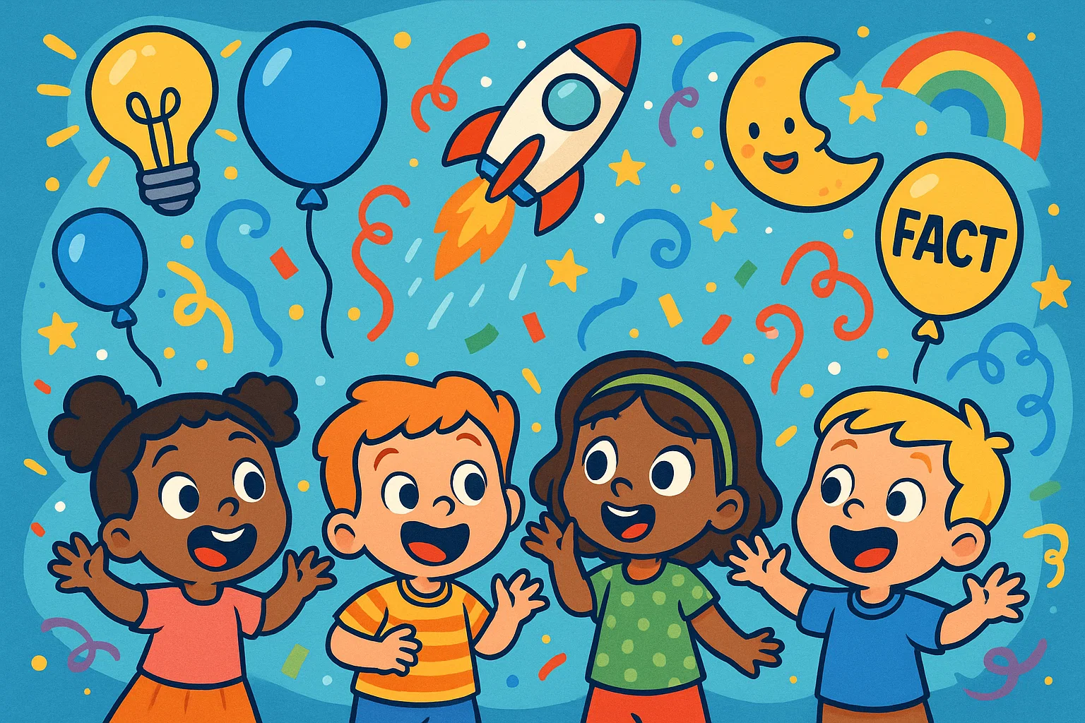 4-year-olds celebrating fun facts with balloons and confetti.