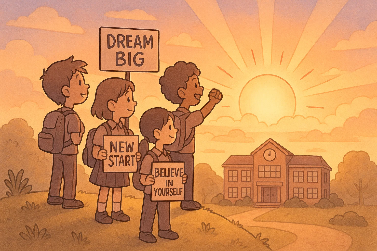 Cartoon of motivational last day quotes for new beginnings with students at sunrise.