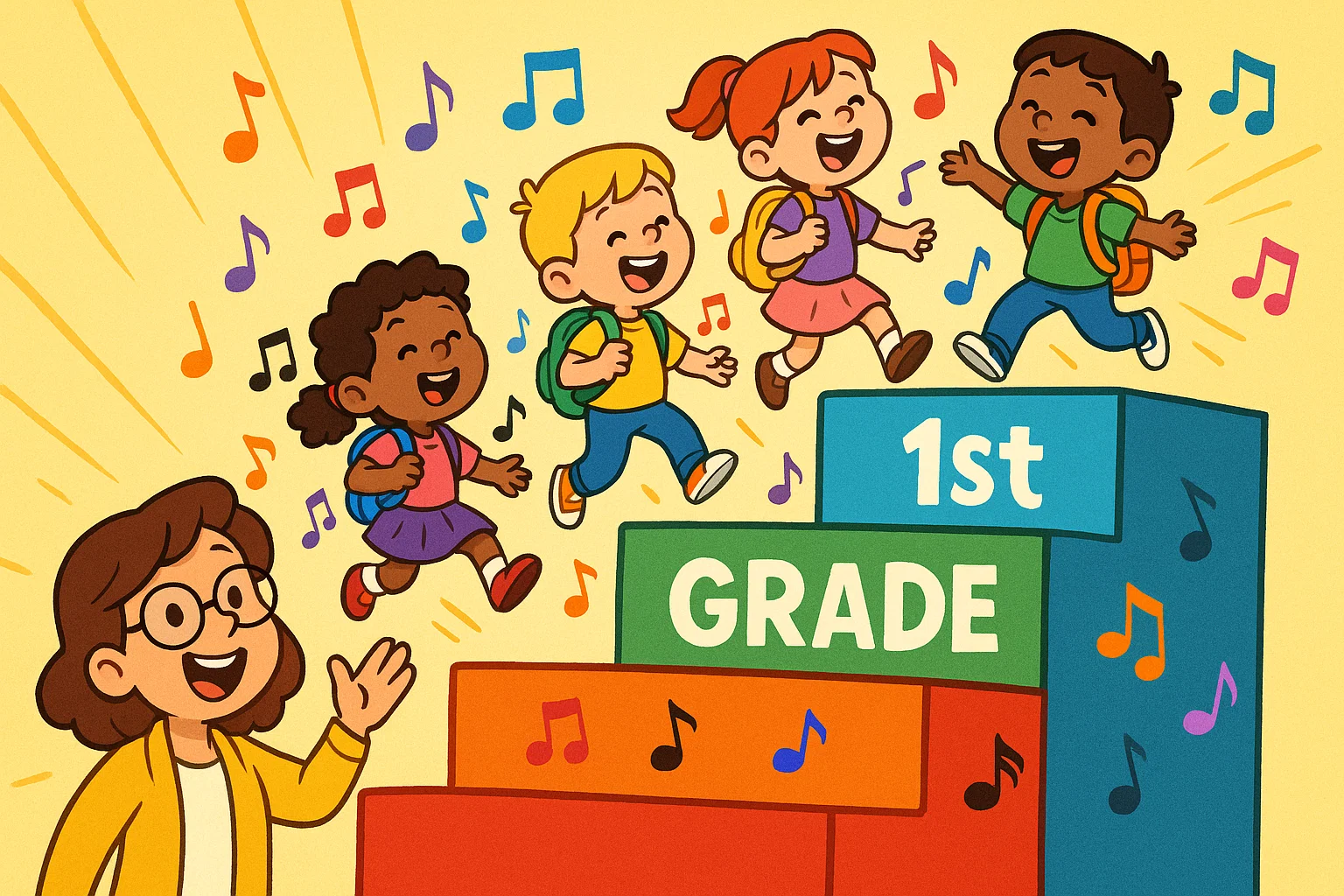 Moving up to first grade songs cartoon with kids singing while climbing bright steps.