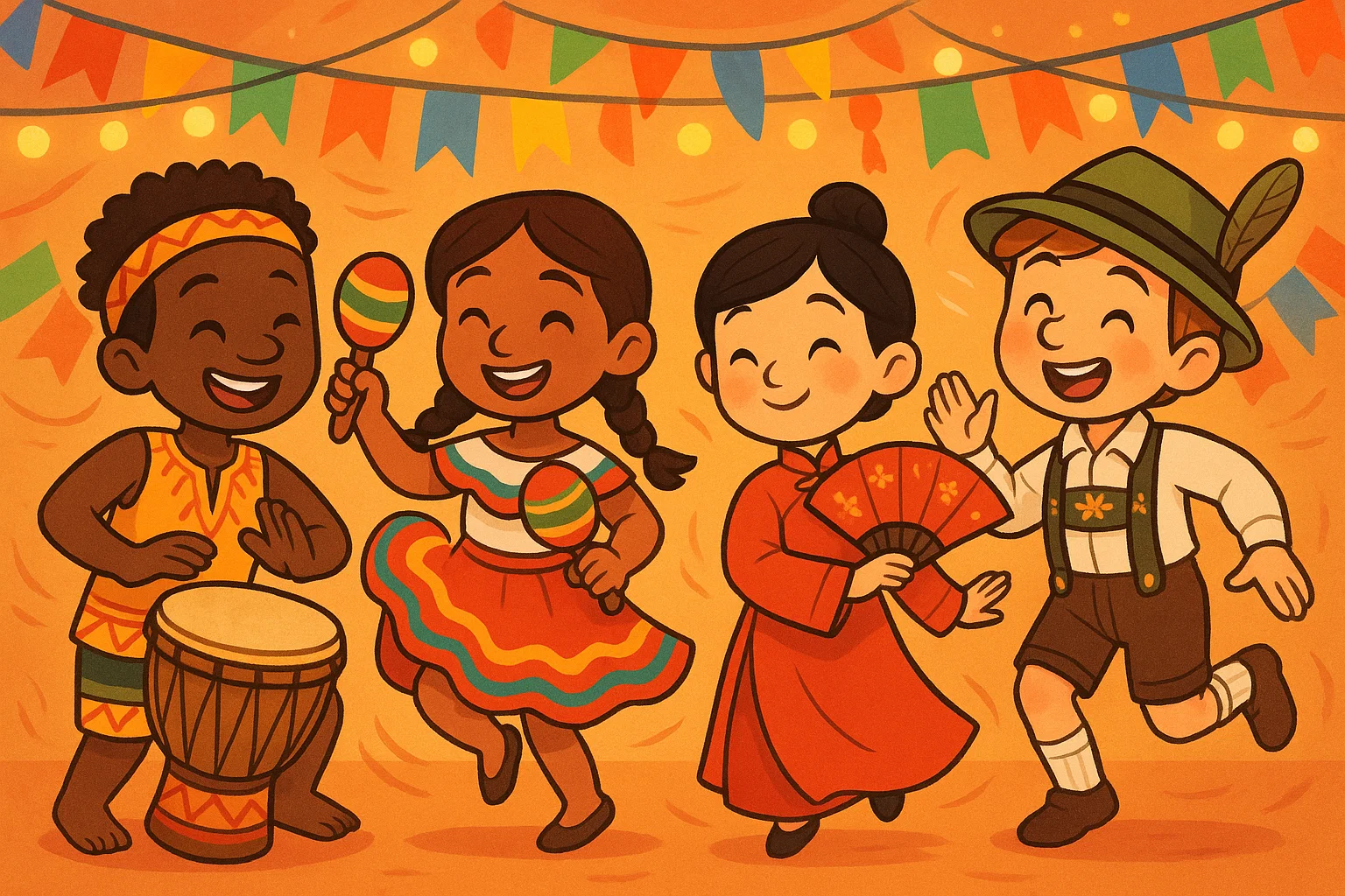 Diverse kids dancing in cultural costumes at a festive celebration.