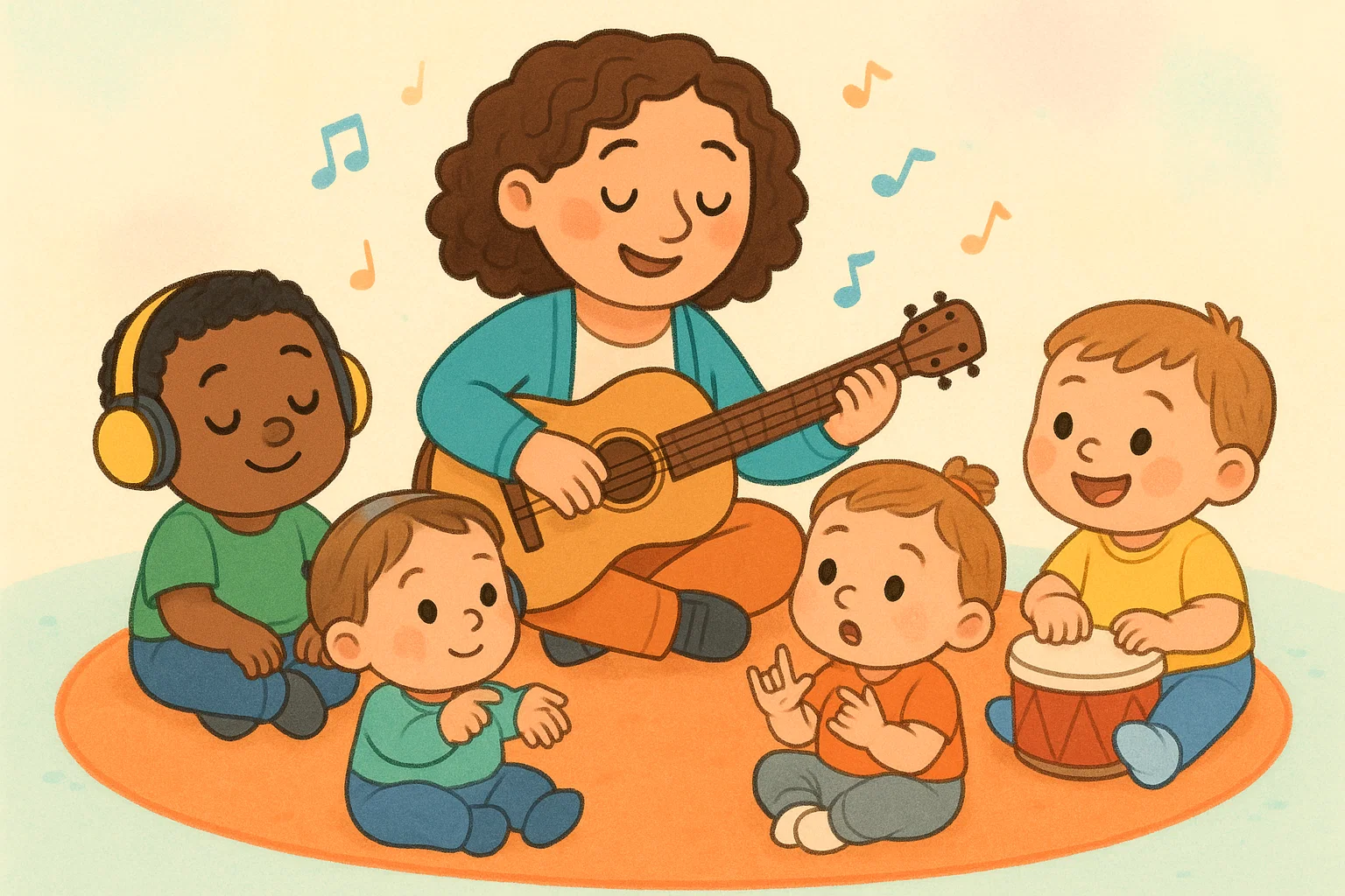 Children with different abilities engage in inclusive music therapy session with therapist.