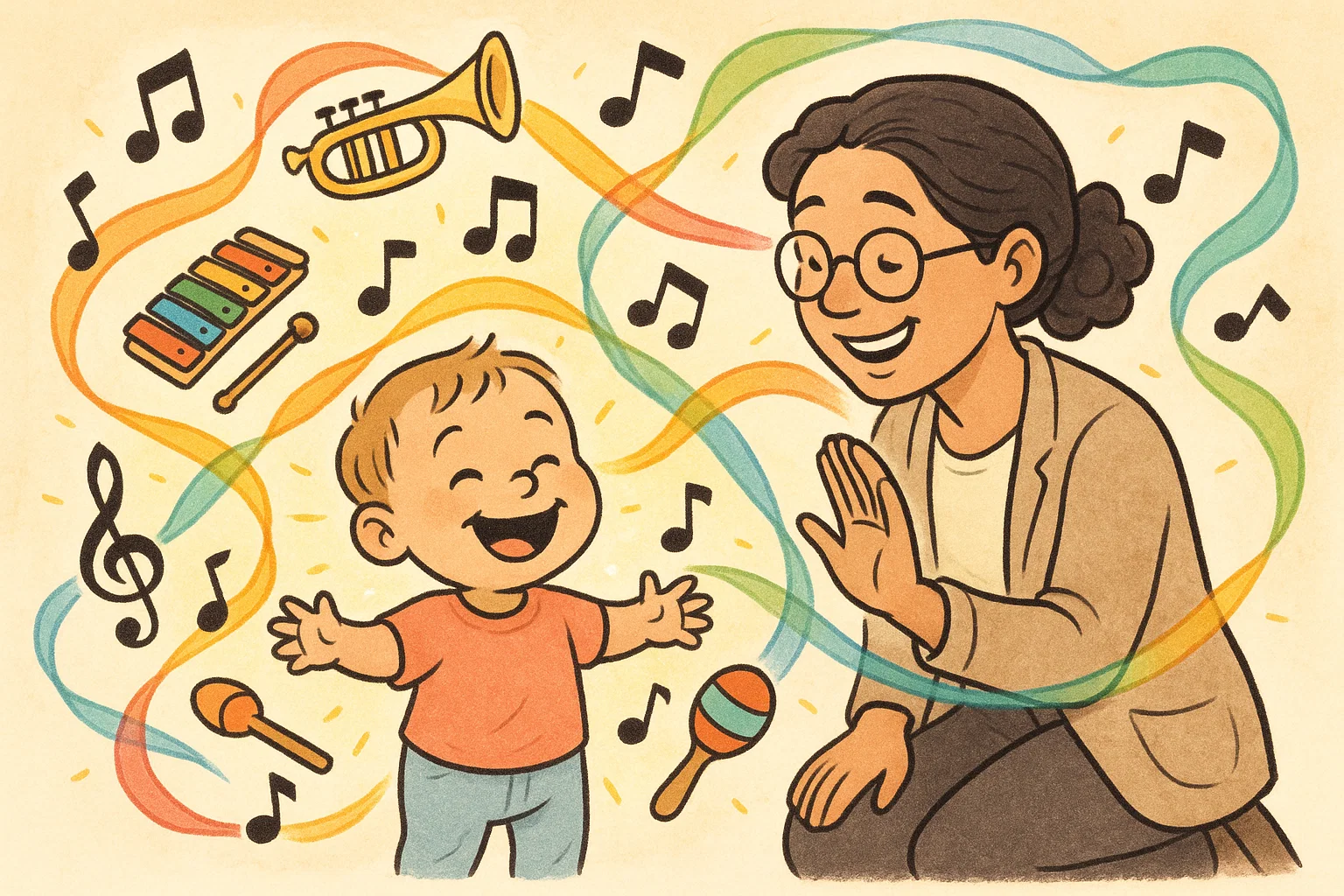 Cheerful toddler playing instruments during music therapy session promoting development.