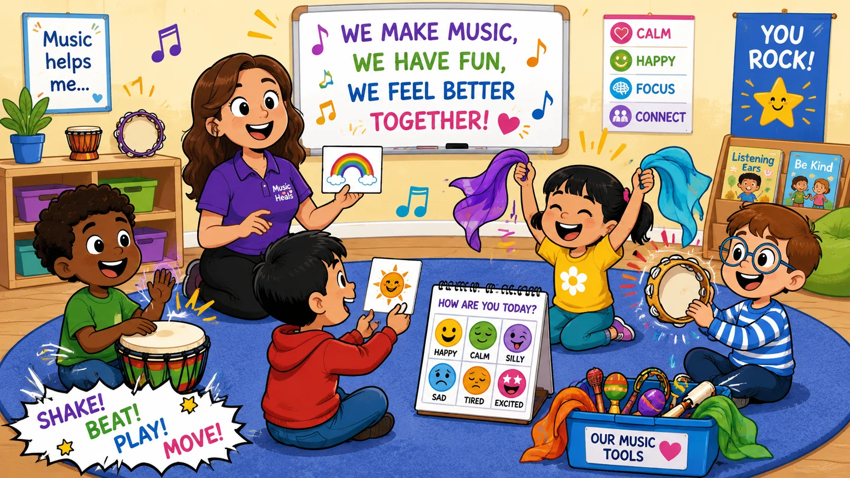 Music therapy tools for children in playful classroom session. 
