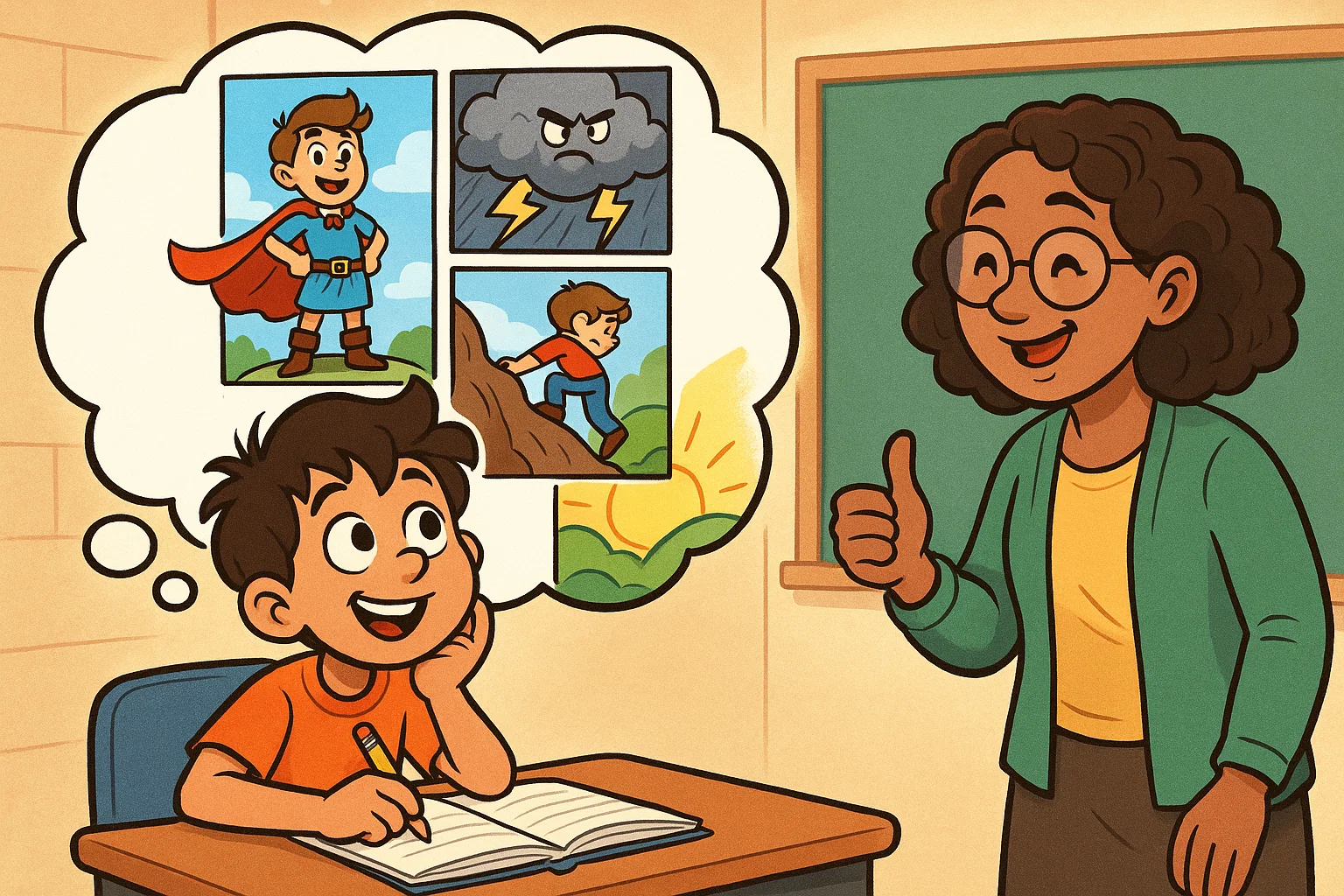 Narrative writing topics grade 5 cartoon with student visualizing story scenes.