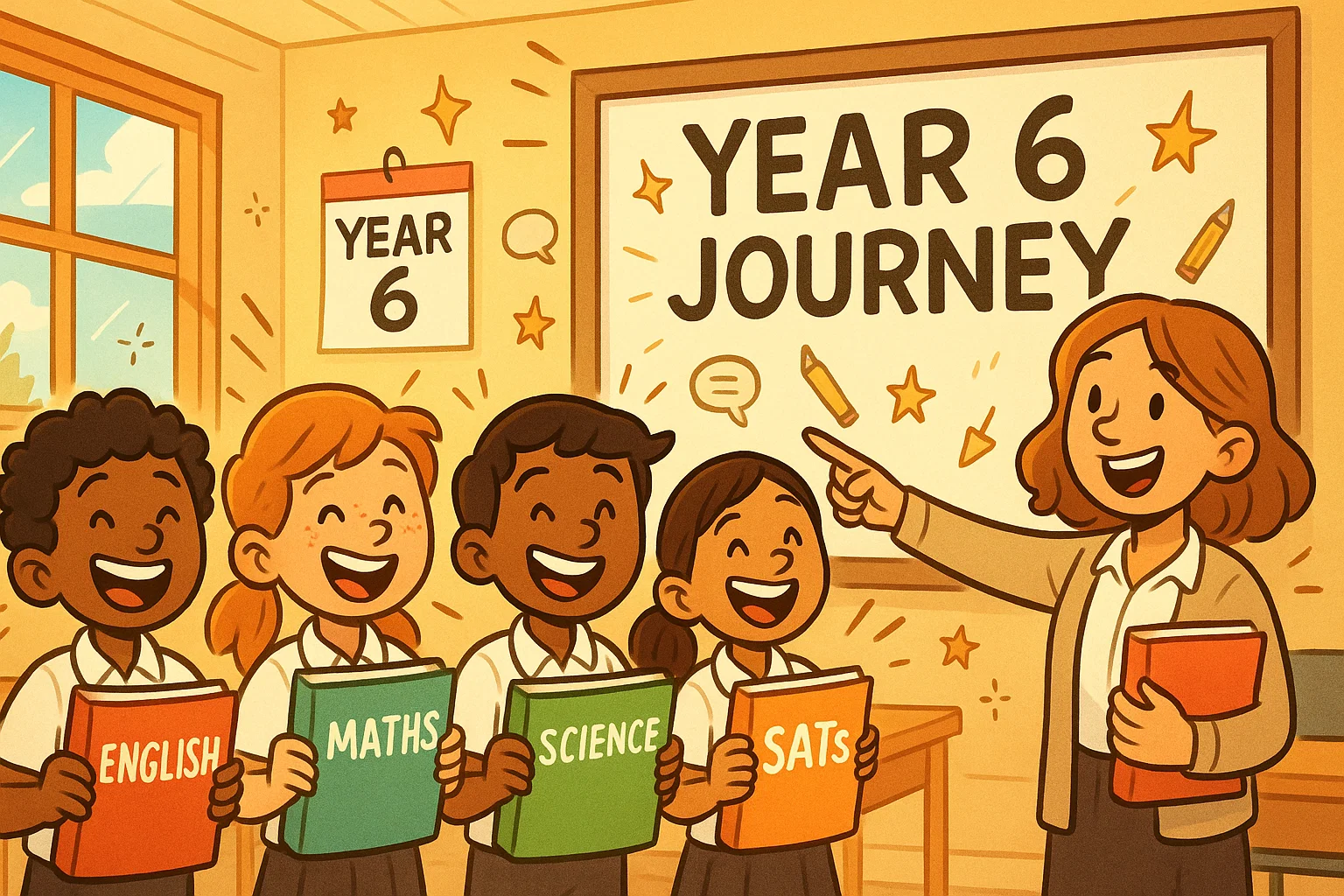 Playful cartoon of national curriculum year 6 guide with students and teacher in classroom.