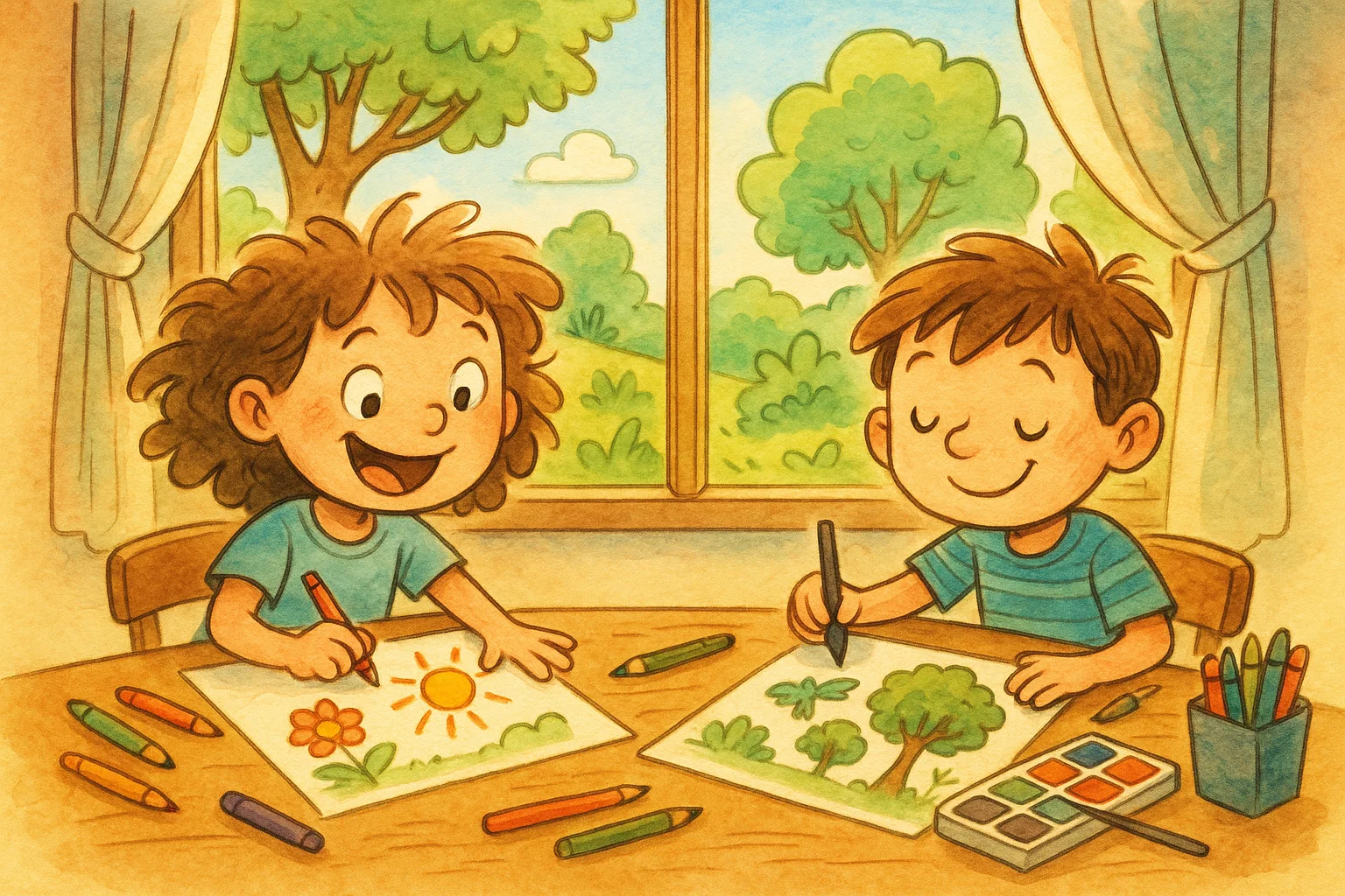 Grade 4 children drawing animals and plants in a bright classroom.