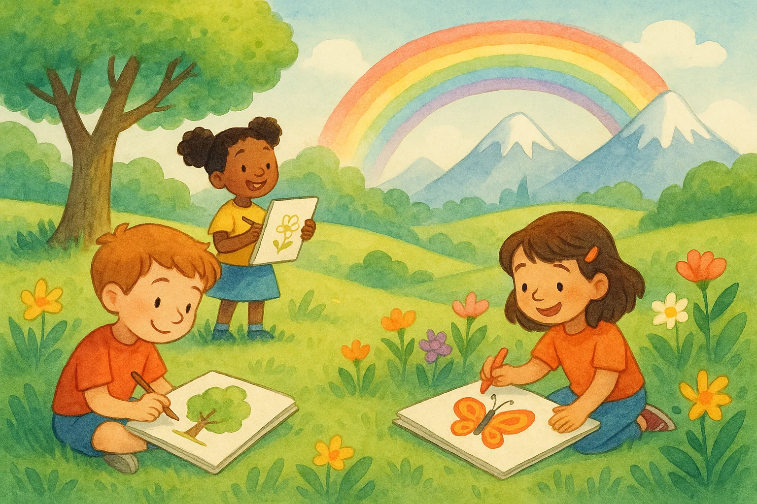 Kids enjoying nature drawing prompts outdoors with colorful flowers and trees.