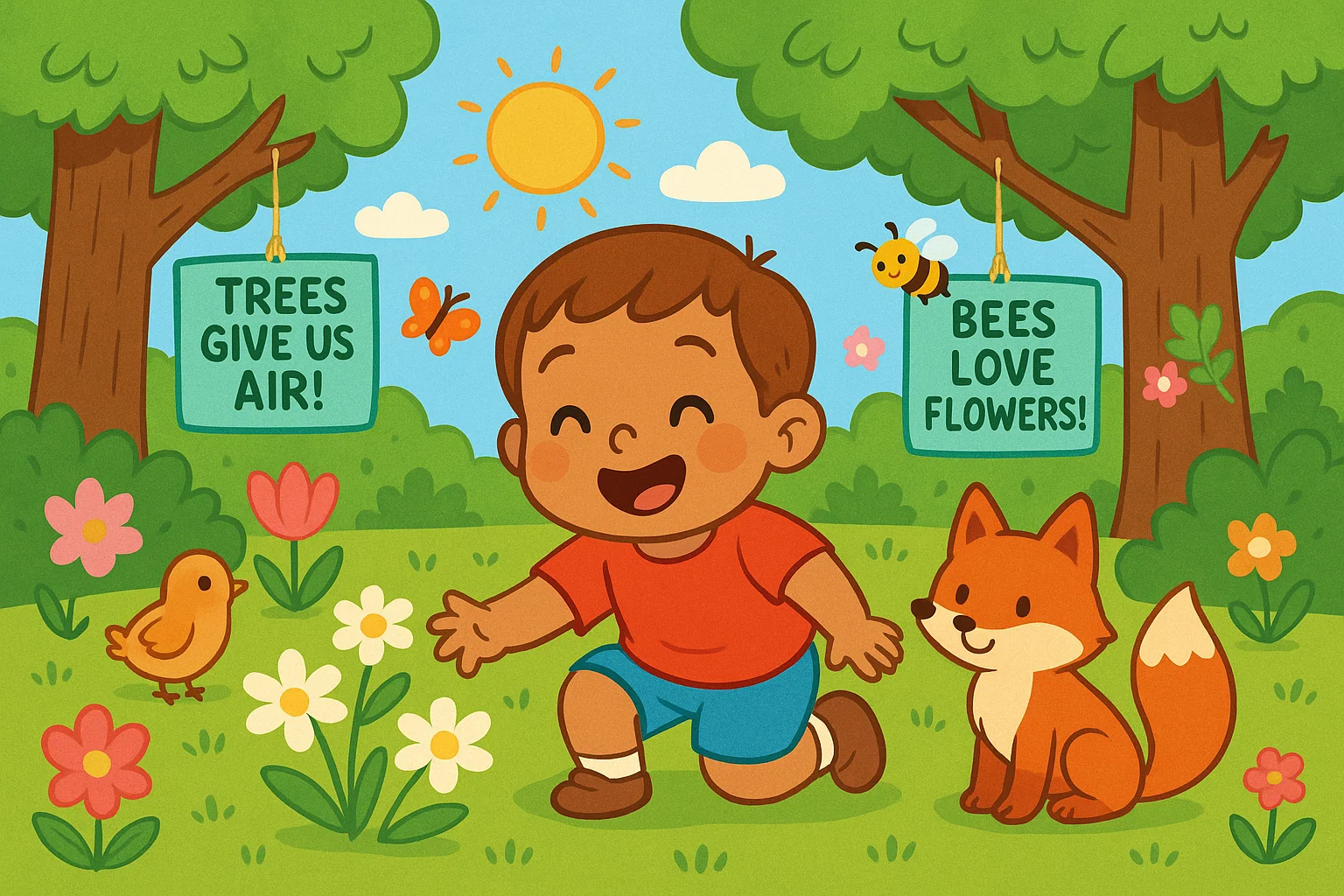 Child surrounded by trees, flowers, and nature facts in an educational environment.