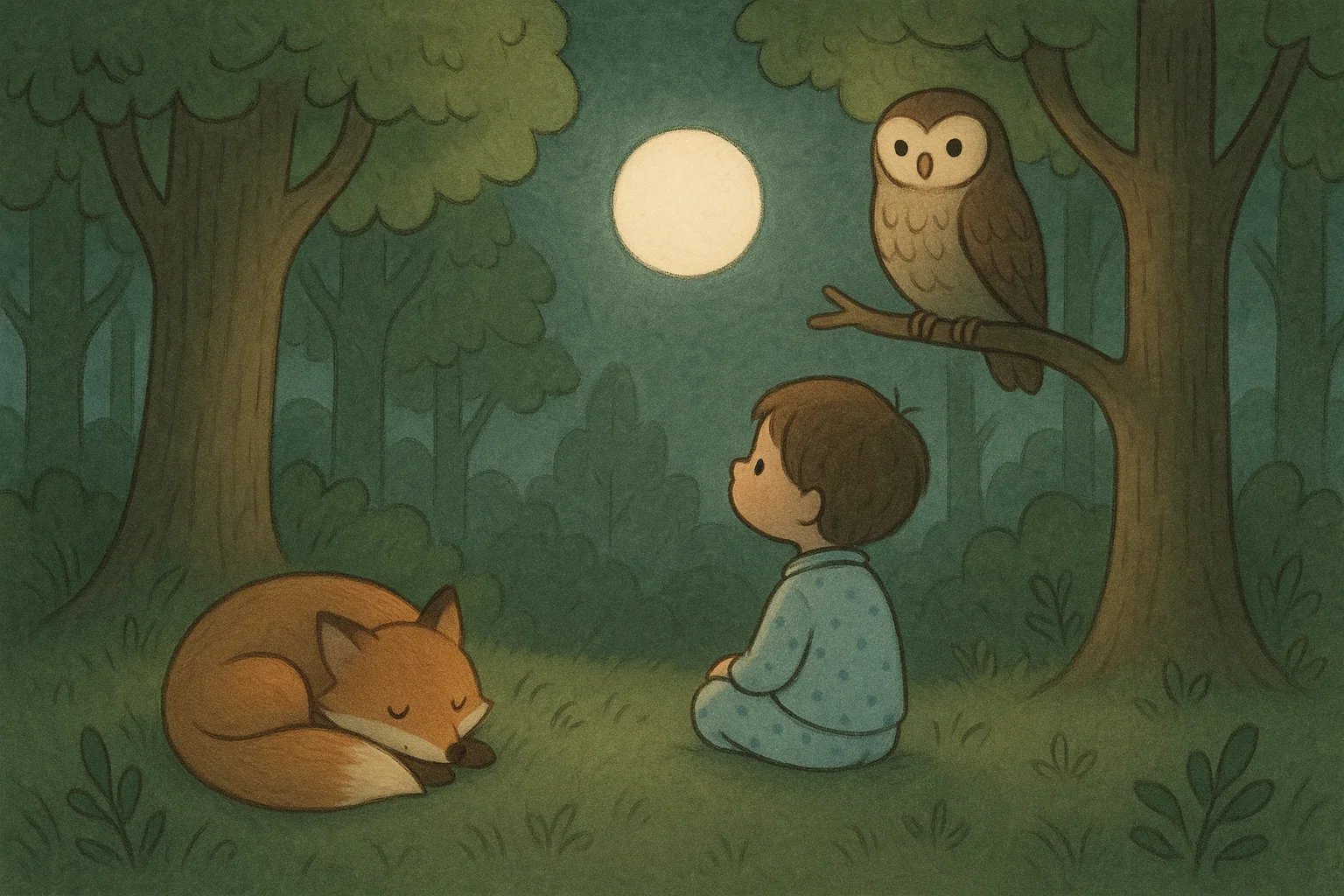 Child and forest animals resting calmly under moonlight in goodnight story.
