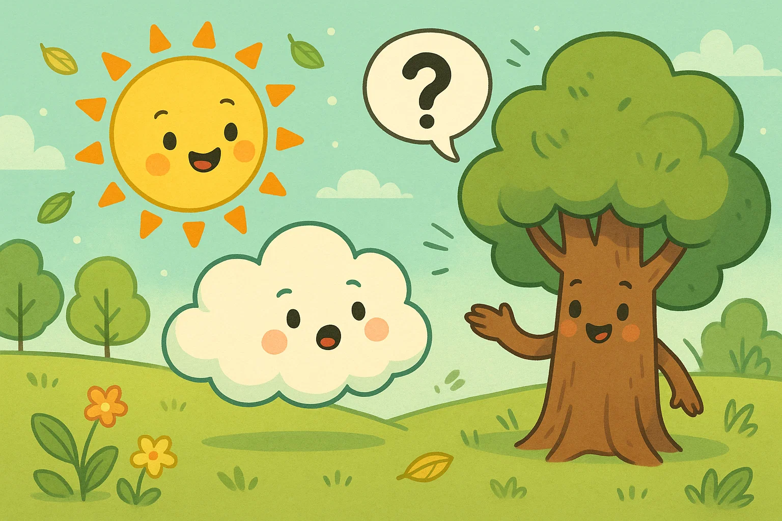 Cartoon nature scene with trees and sky sharing nature riddles for 9 year olds.