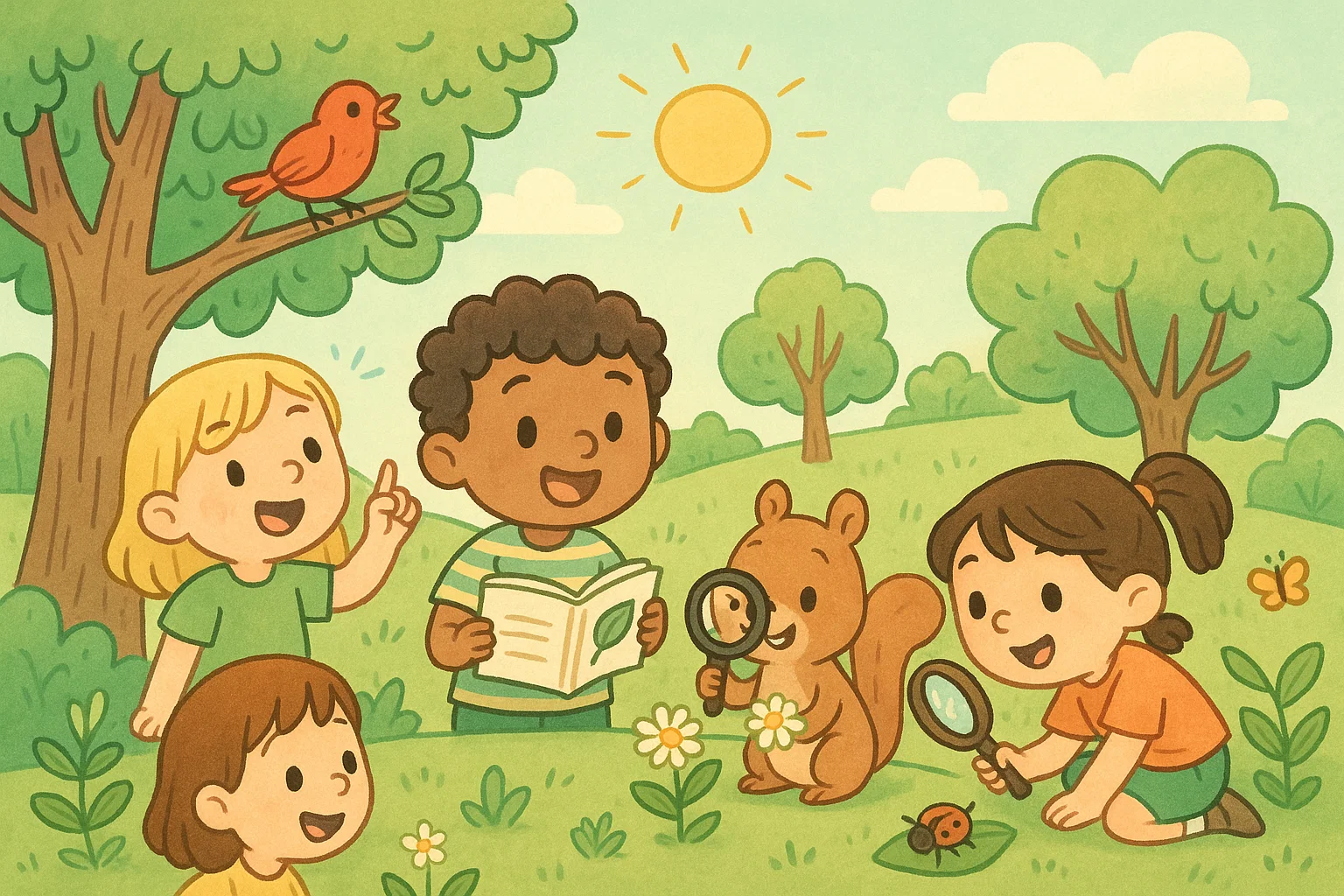 Kids exploring outdoor nature riddles with animals and plants.