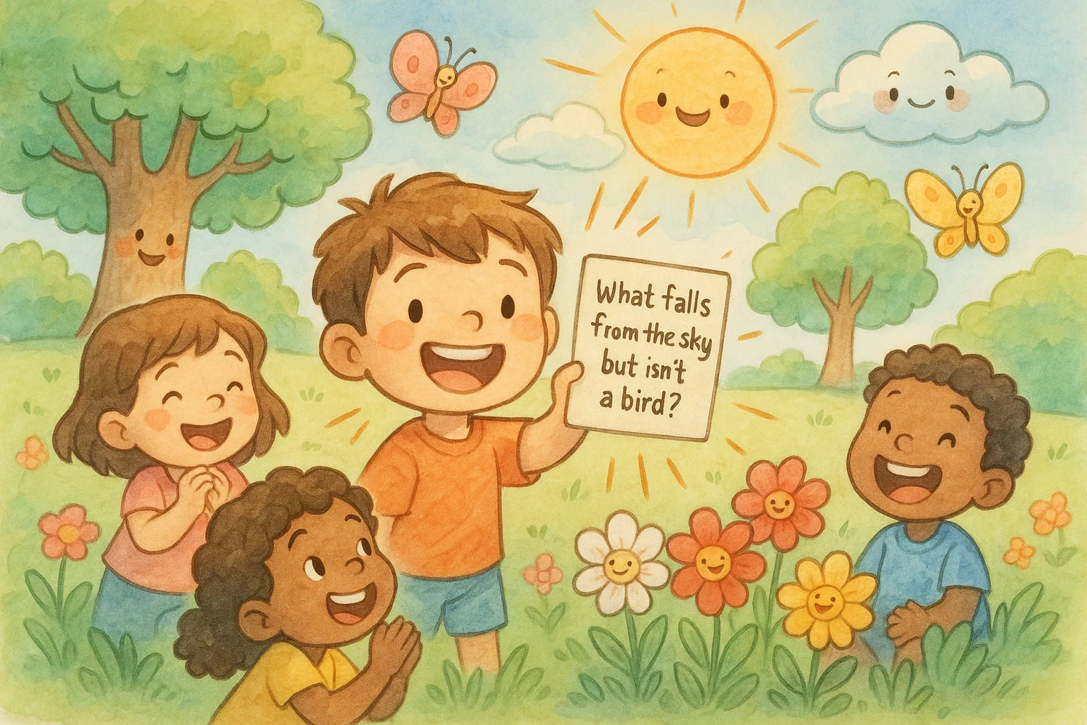 Preschoolers solving nature riddles in a sunny park with flowers and trees.