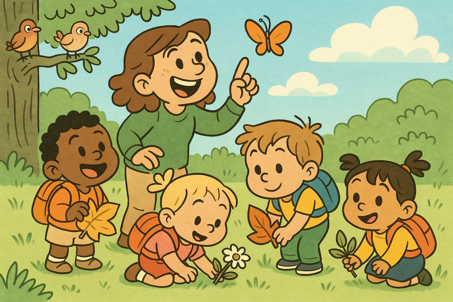  Toddlers on a nature walk collecting leaves and exploring outdoors.